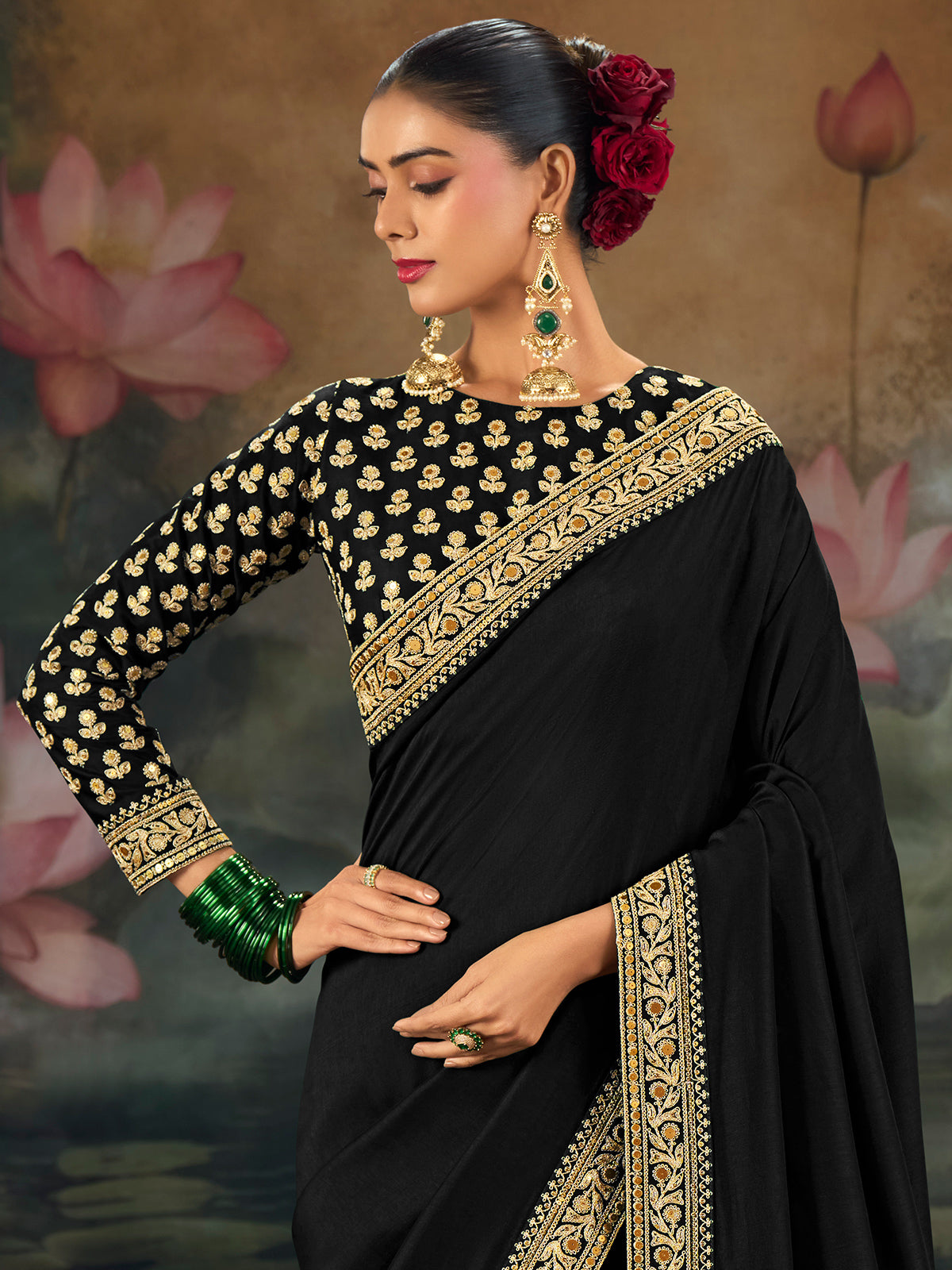 Black party wear munga silk saree