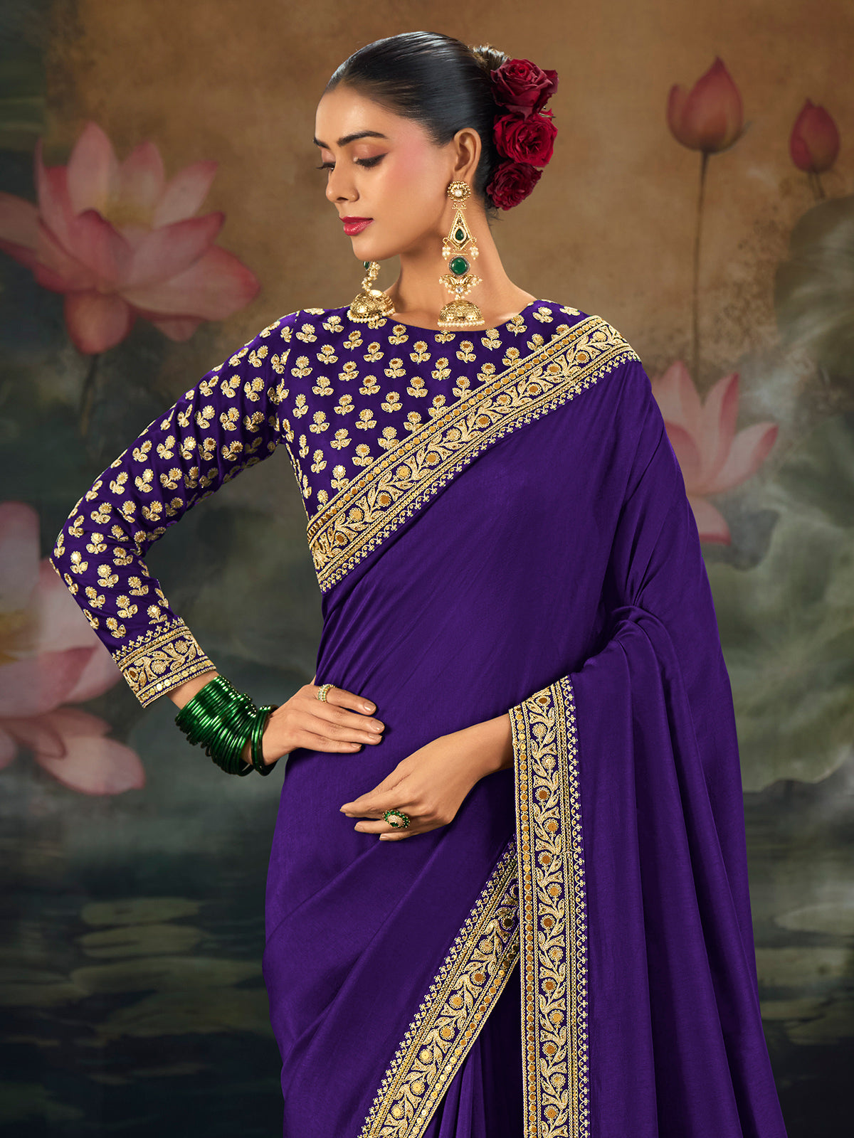 Purple munga silk saree with resham and sequins work