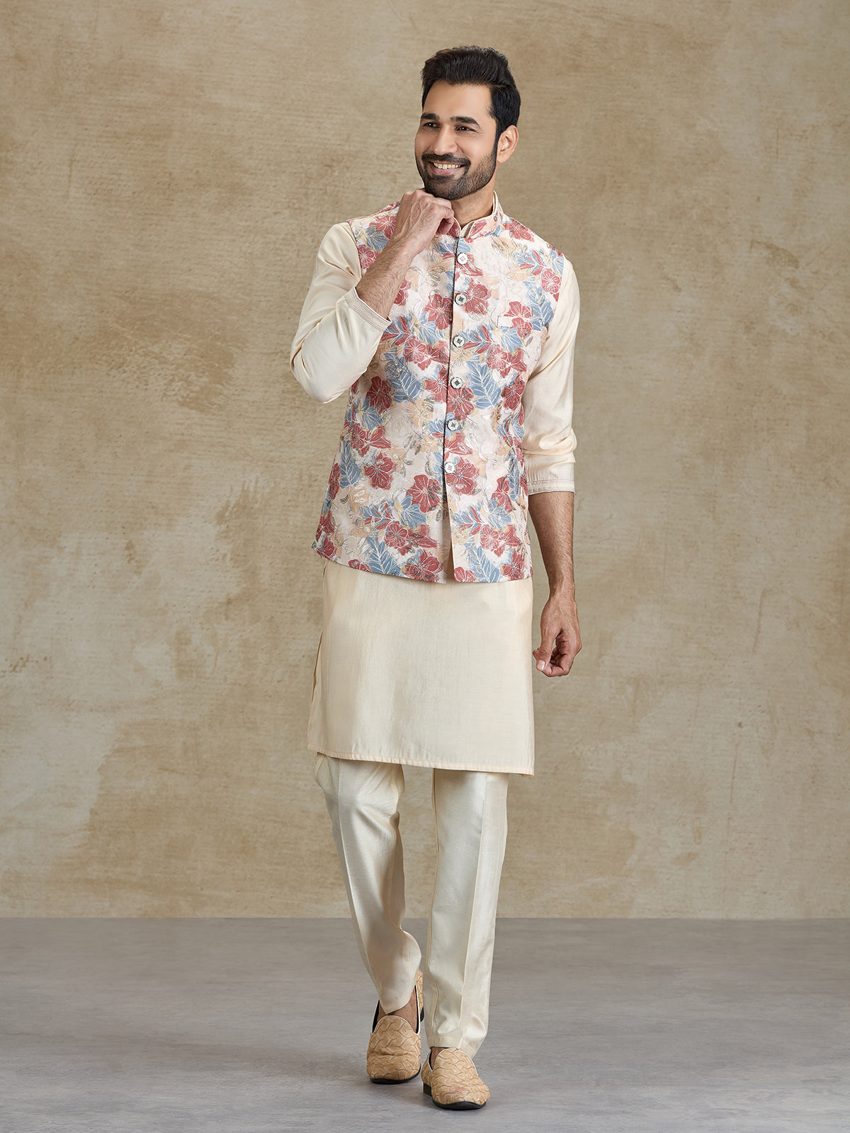 Beige silk resham and printed waistcoat set