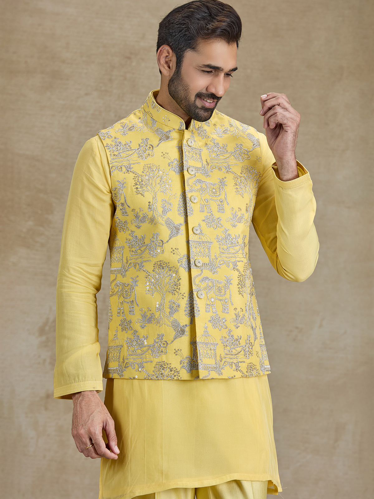 Yellow silk resham and sequins waistcoat set for haldi