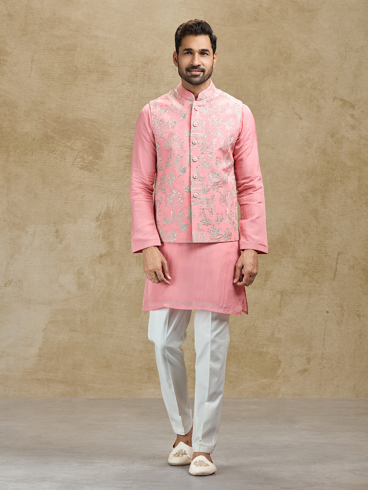 Pink silk waistcoat set for wedding wear for men