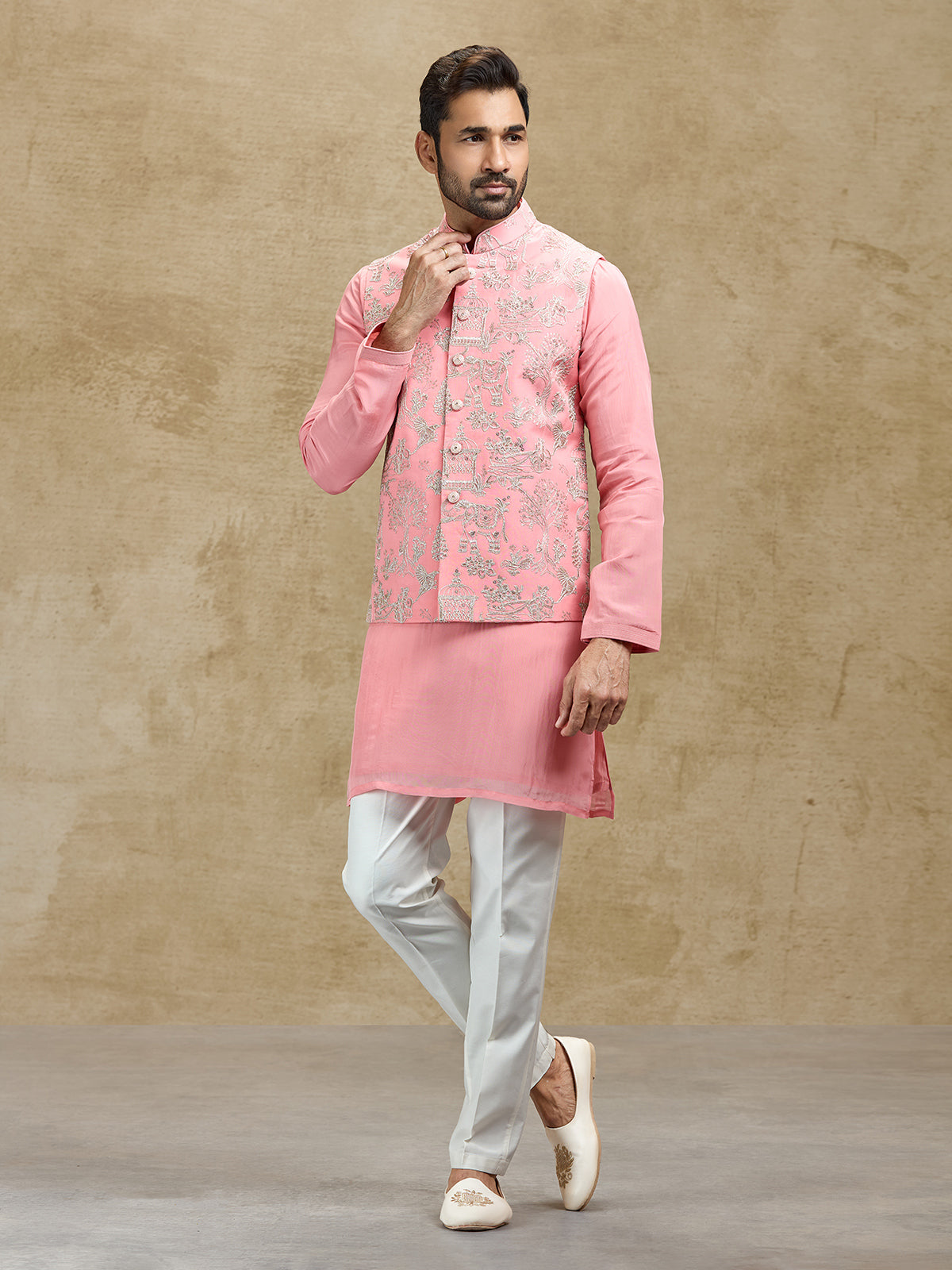 Pink silk waistcoat set for wedding wear for men