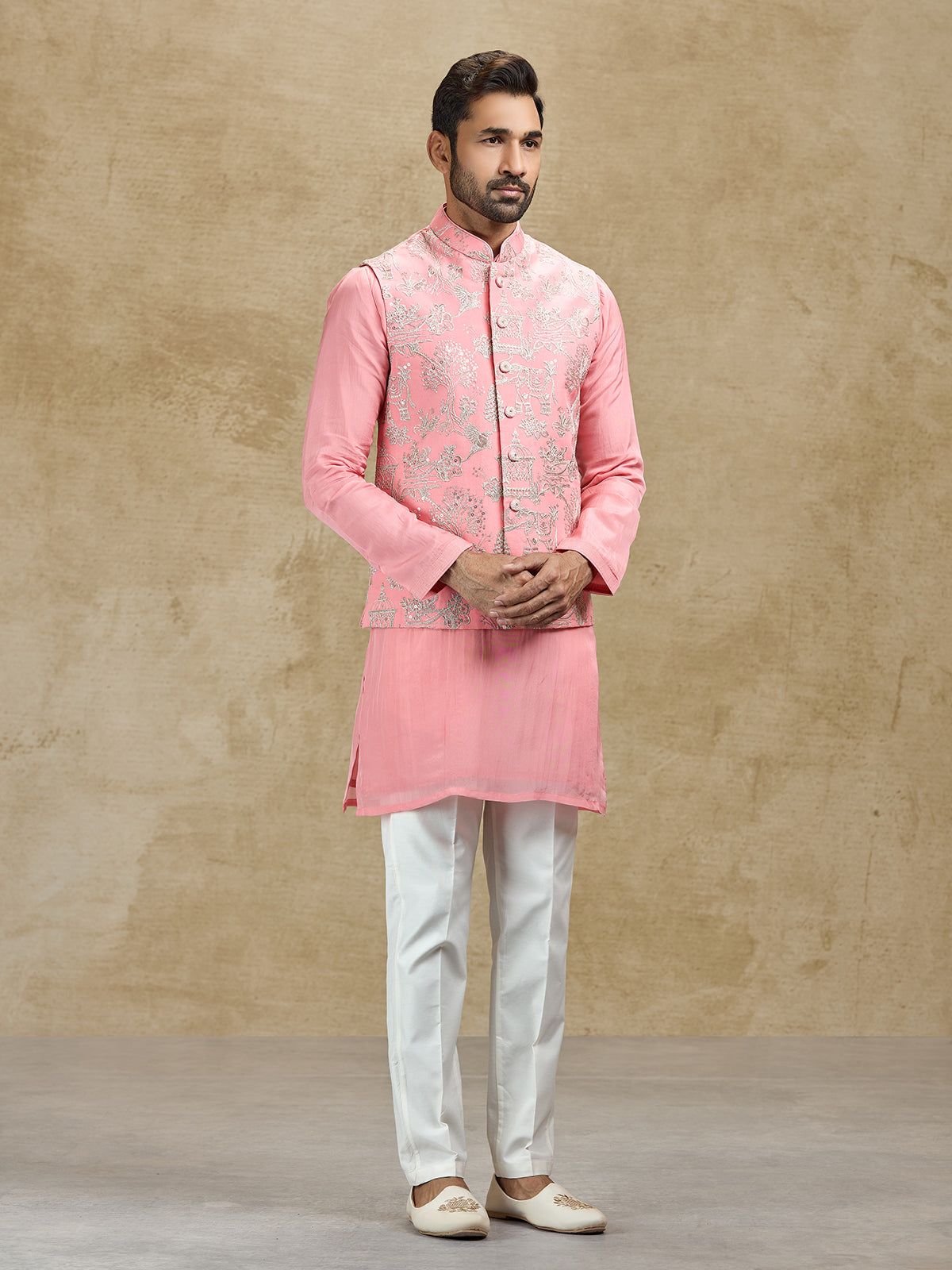 Pink silk waistcoat set for wedding wear for men
