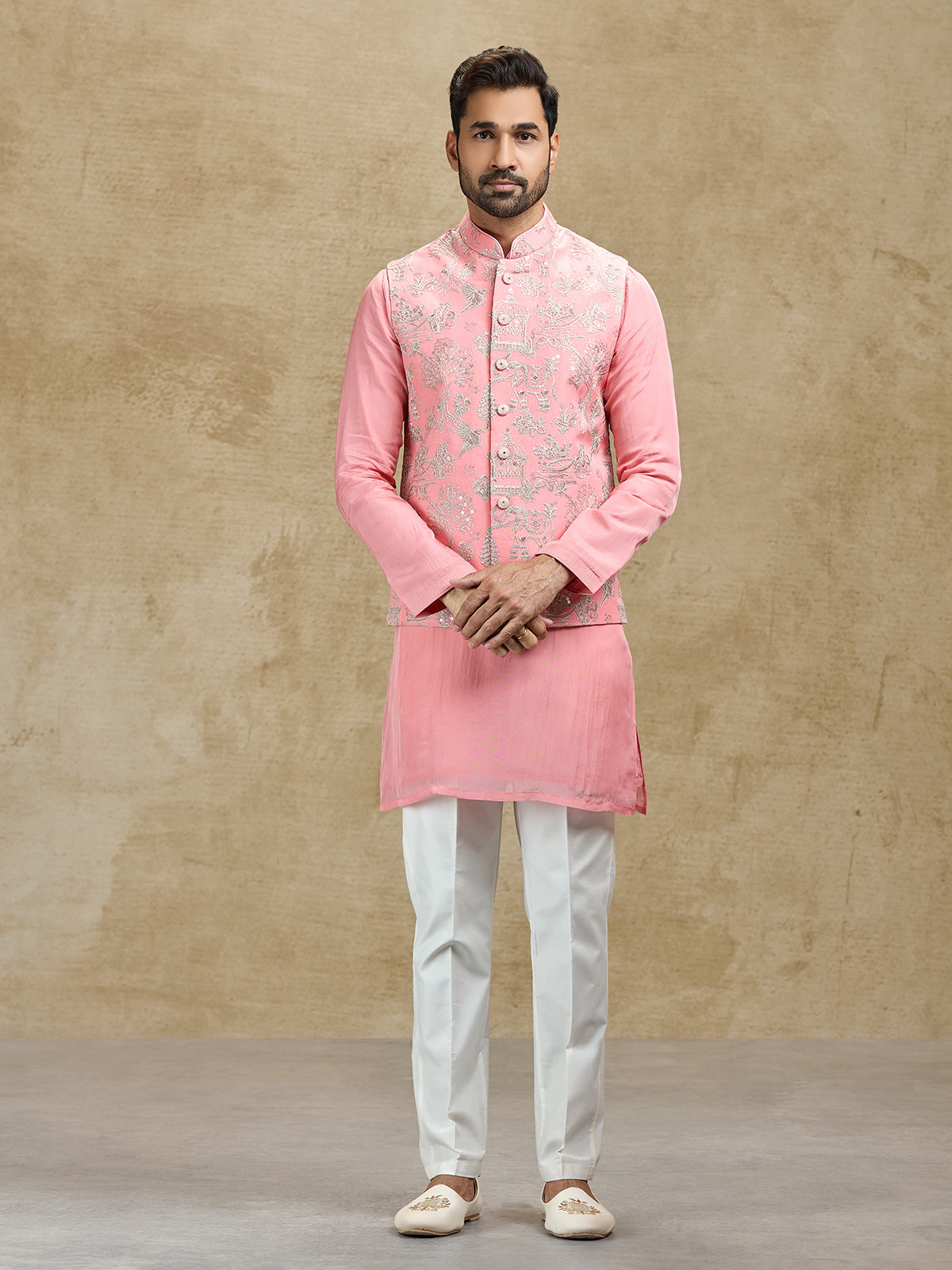 Pink silk waistcoat set for wedding wear for men