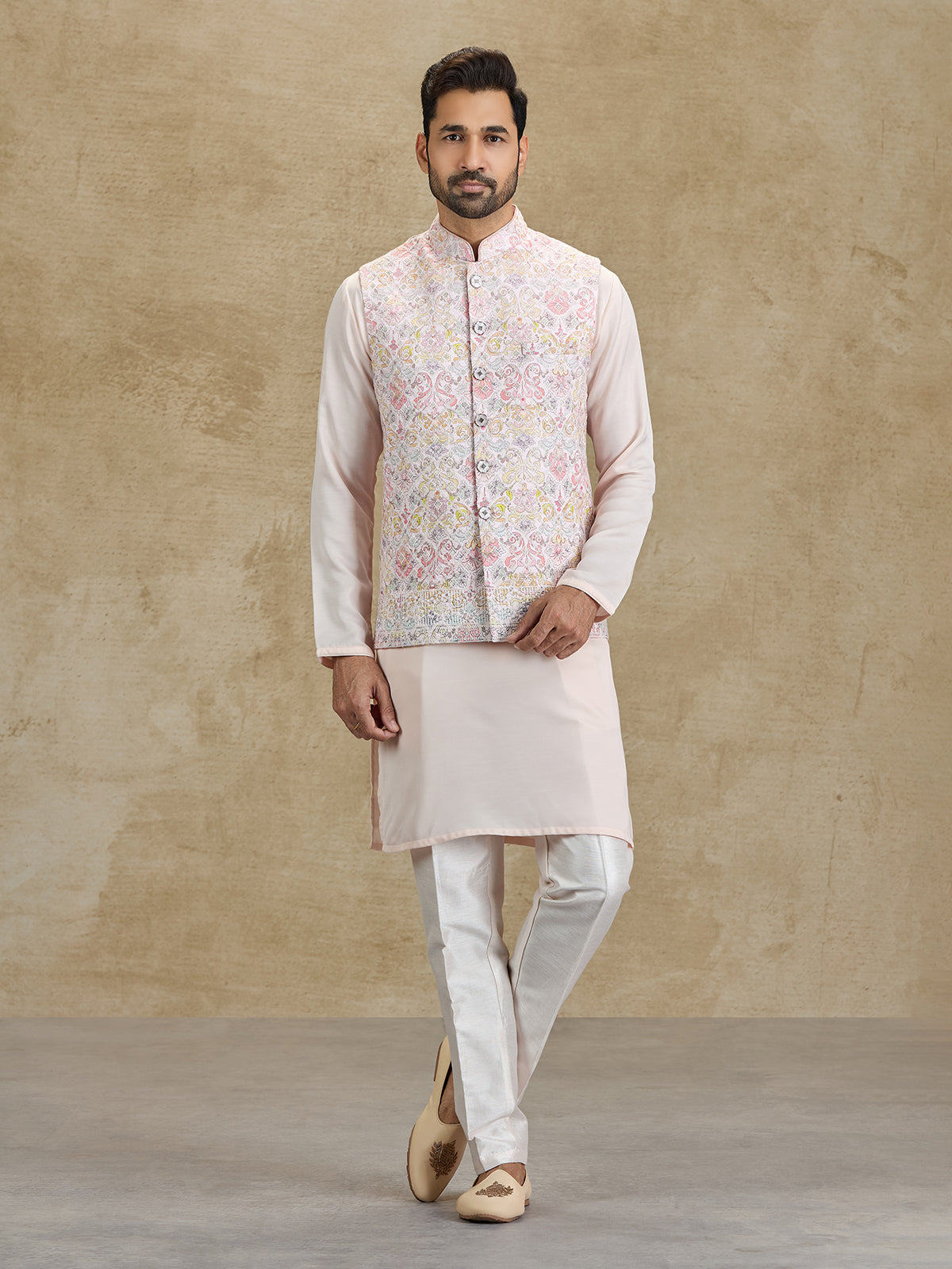 Light pink cotton printed embroidered waistcoat set