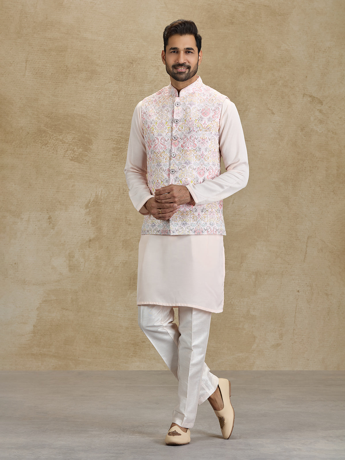 Light pink cotton printed embroidered waistcoat set