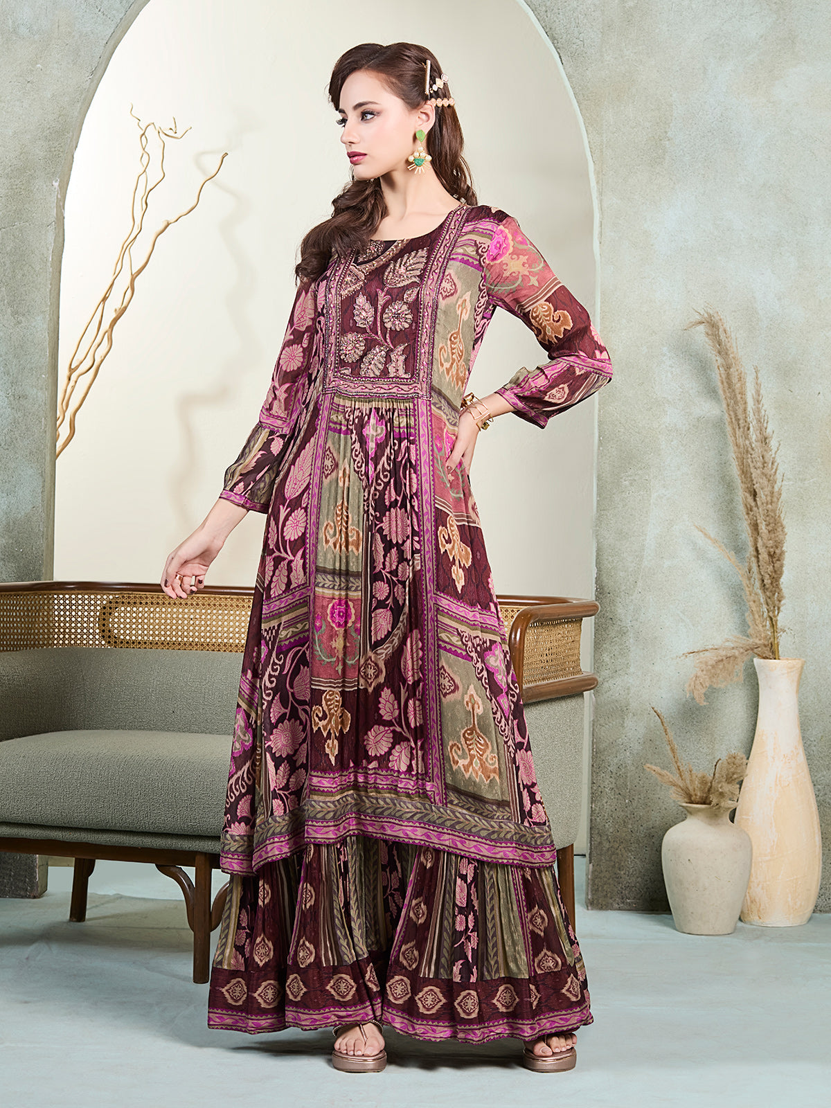 Purple silk printed yoke style festive kurti palazzo set