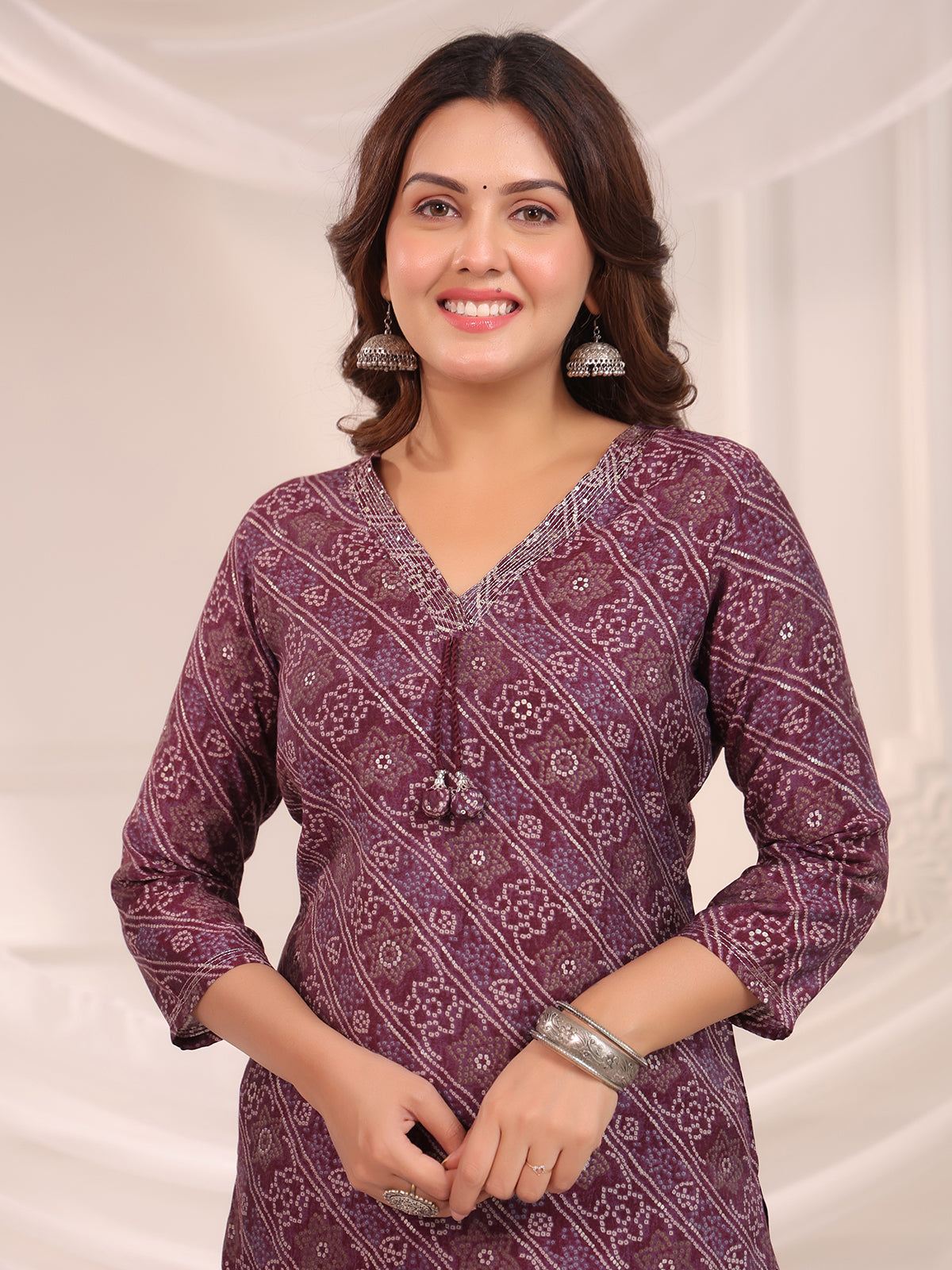 Maroon bandhej printed cotton kurti set