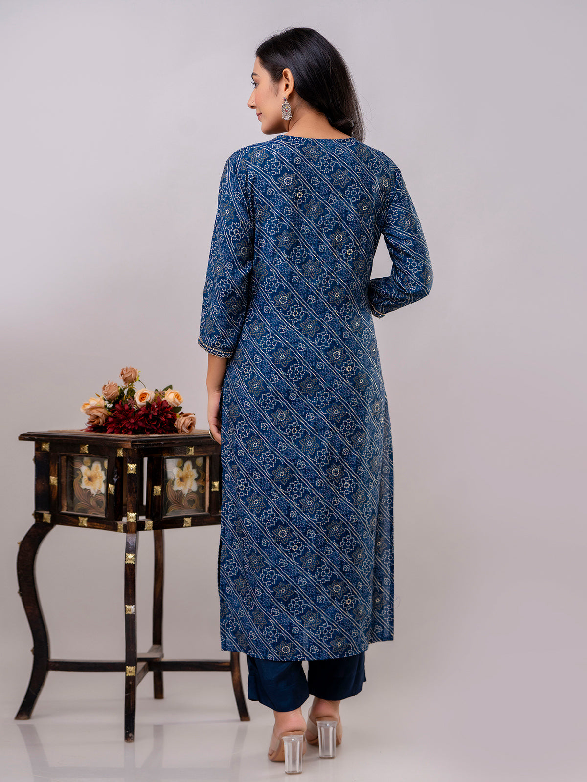 Blue cotton kurti set with bandhej print