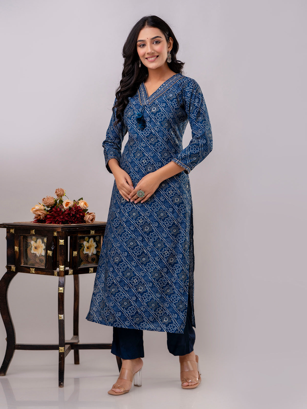 Blue cotton kurti set with bandhej print