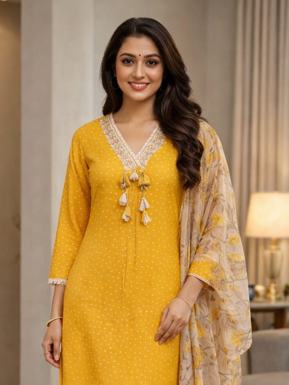 Yellow festive wear cotton kurti set with printed dupatta