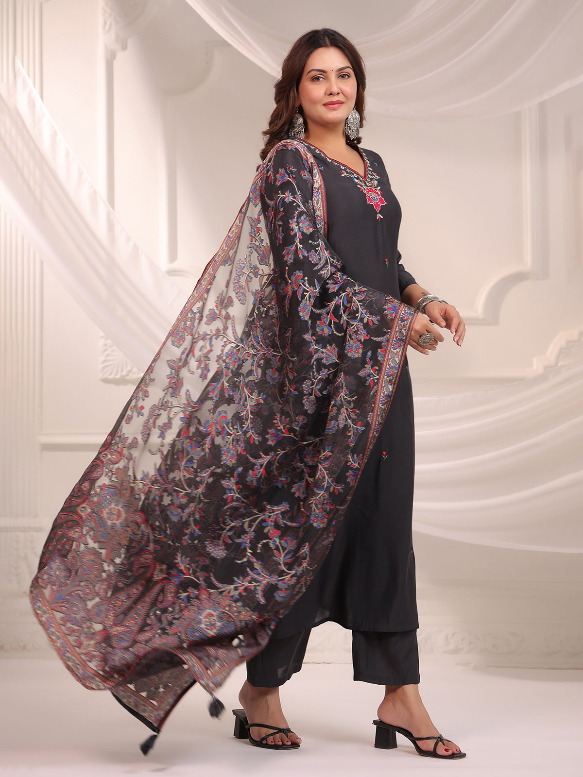 Black cotton silk plain kurti set with printed dupatta