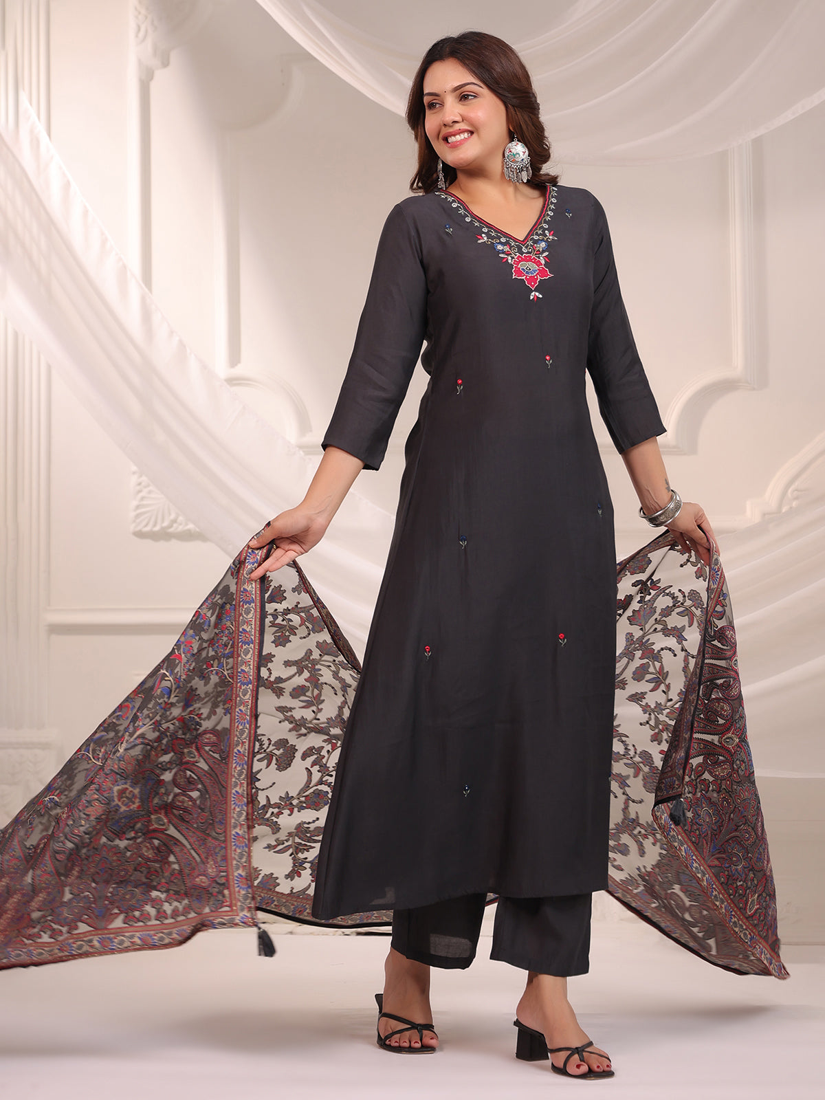 Black cotton silk plain kurti set with printed dupatta