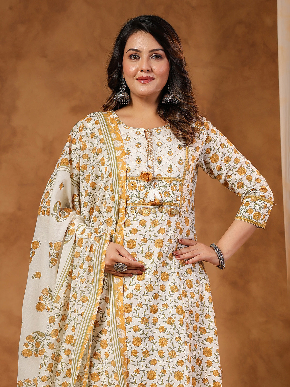 Off-white festive wear cotton kurti set