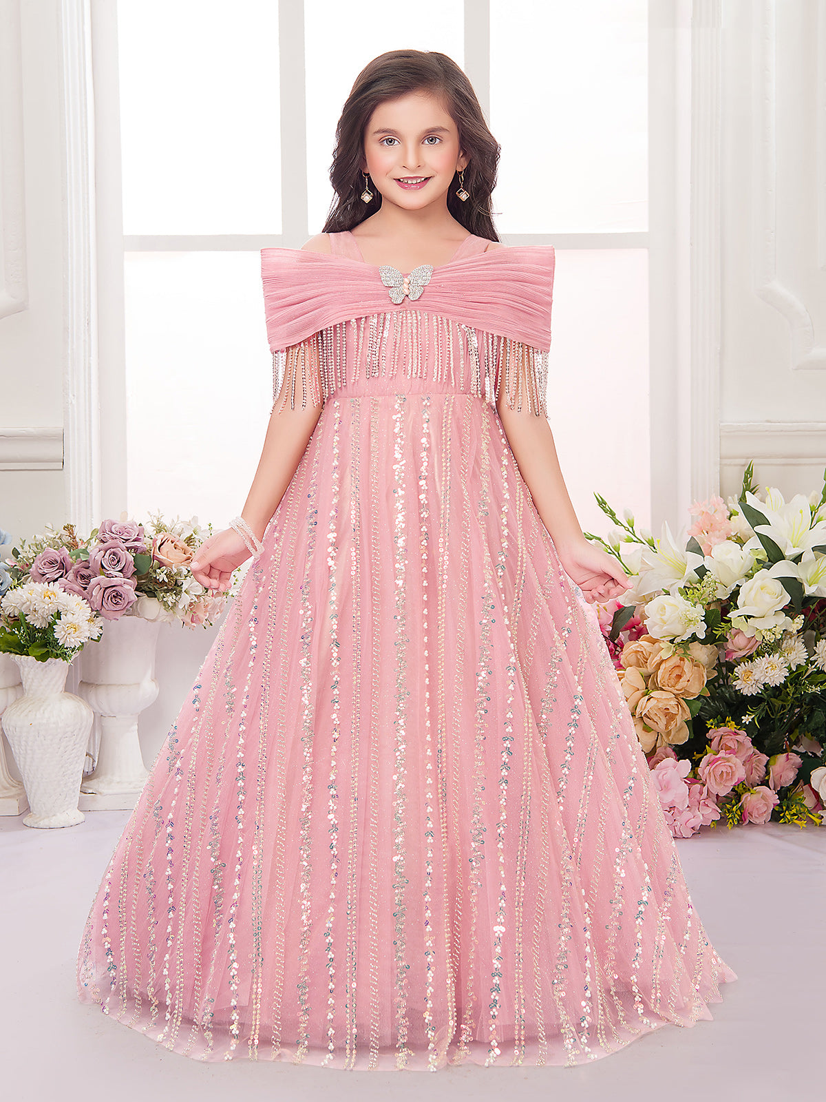 Light pink net reception party gown for girls