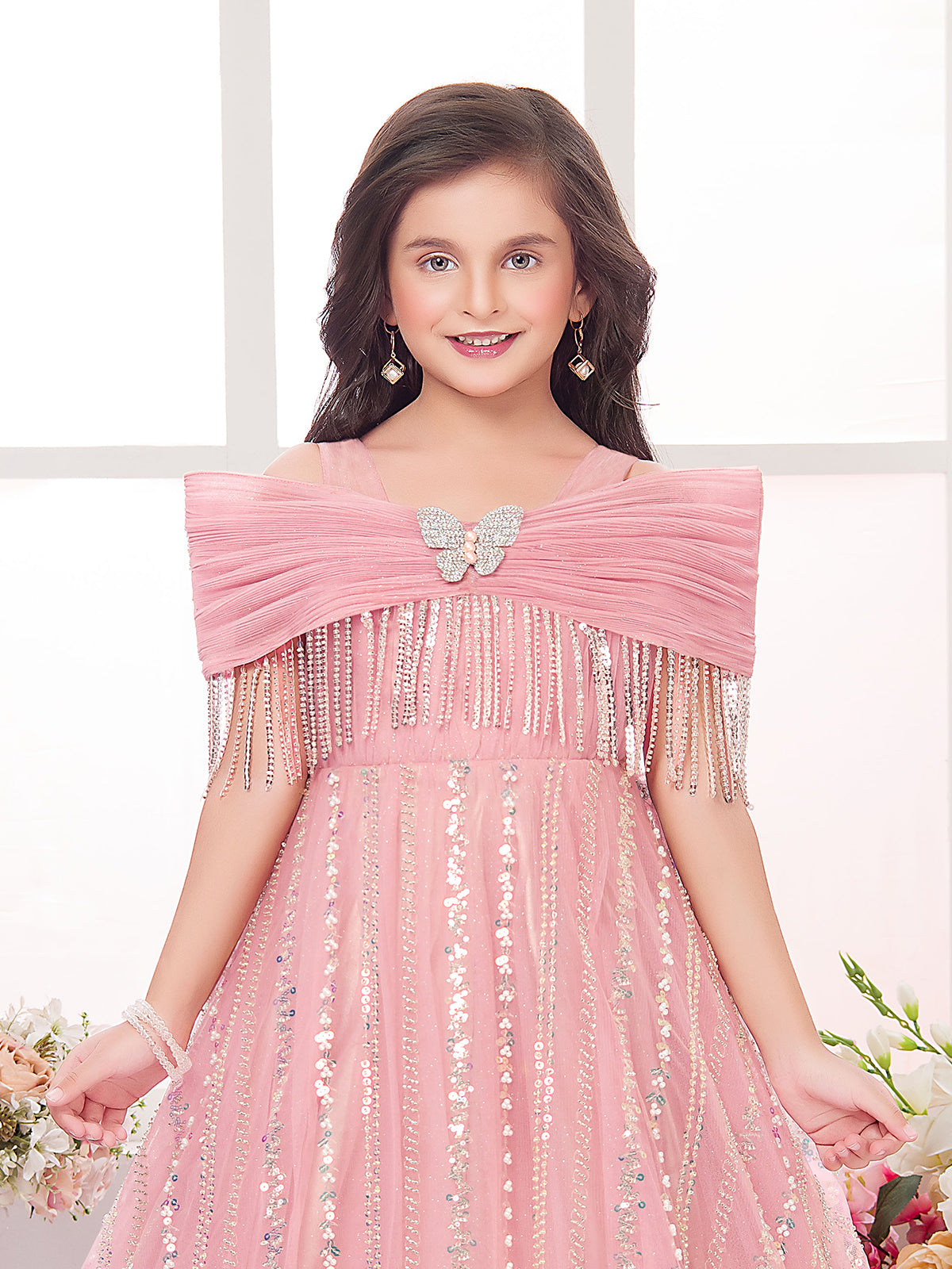 Light pink net reception party gown for girls