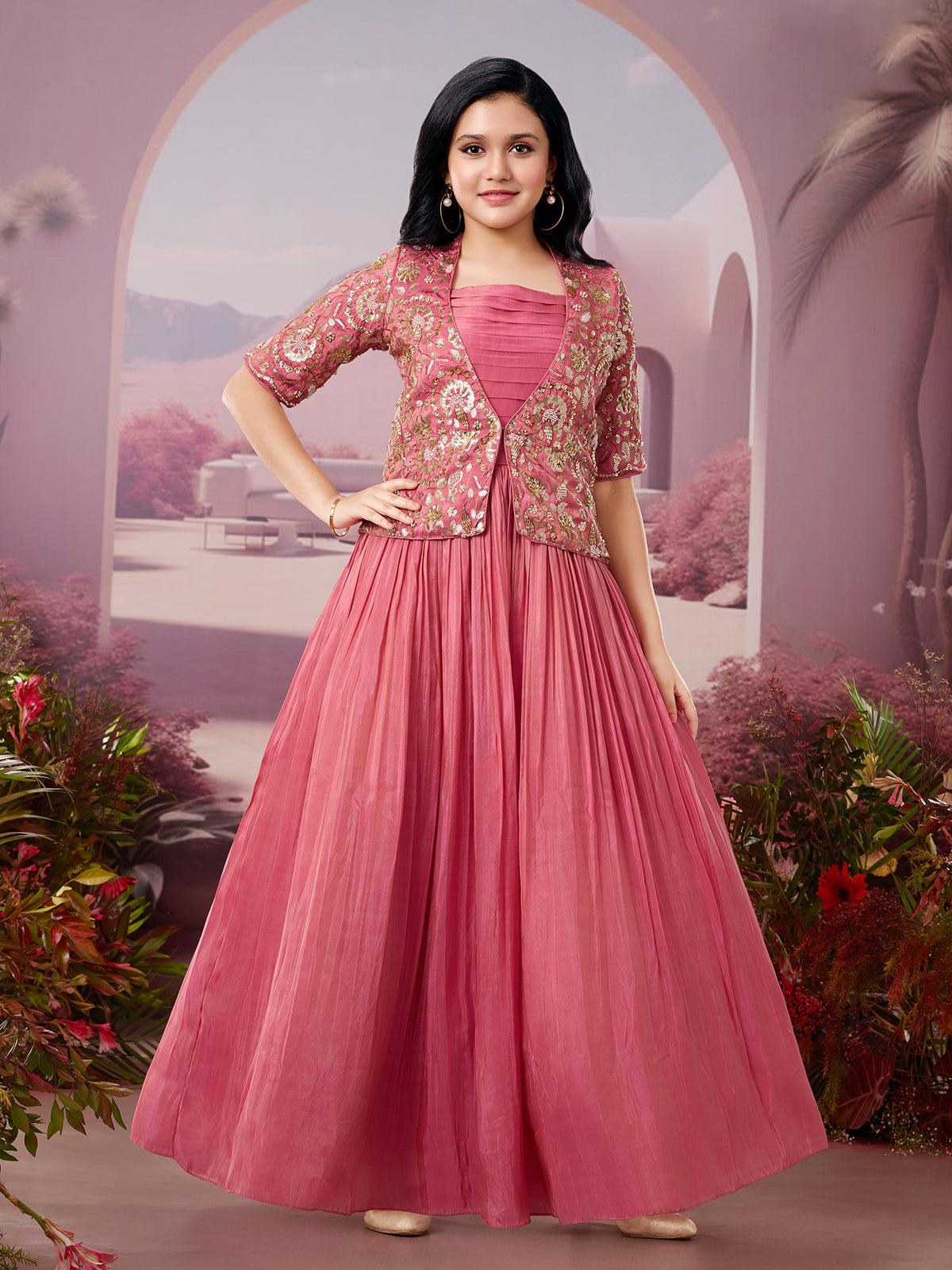 Onion pink silk jacket-style gown for weddings