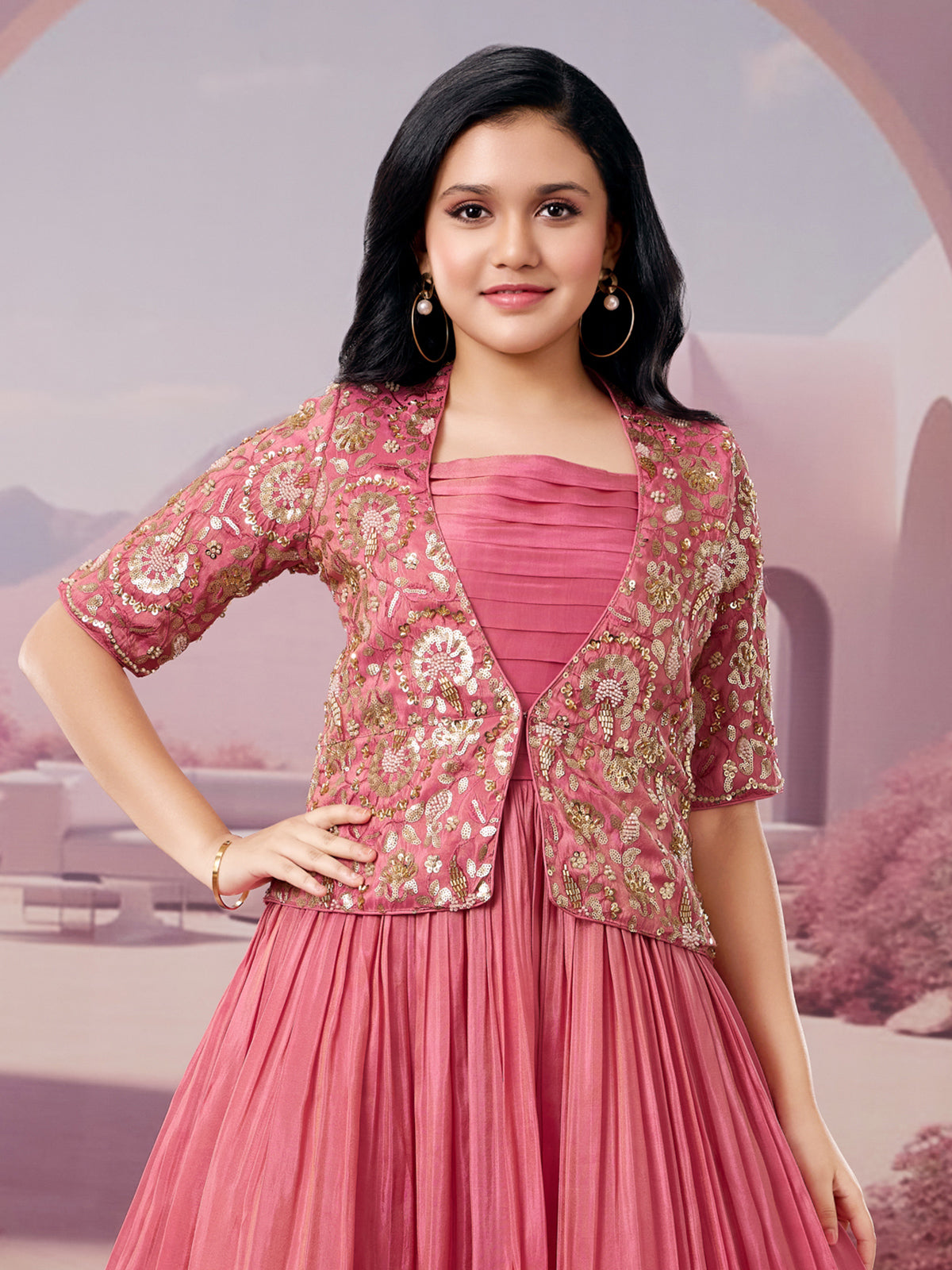 Onion pink silk jacket-style gown for weddings