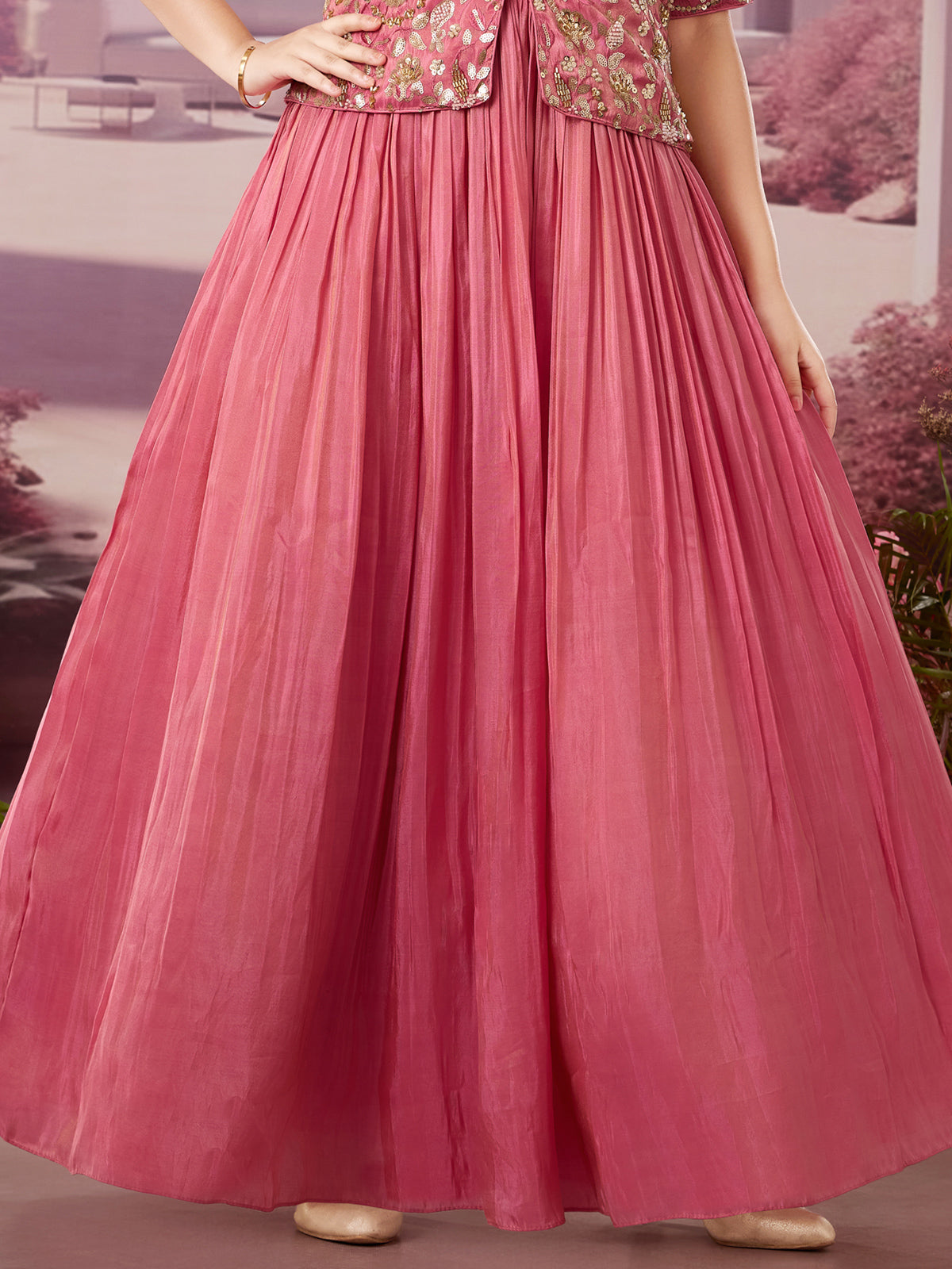 Onion pink silk jacket-style gown for weddings