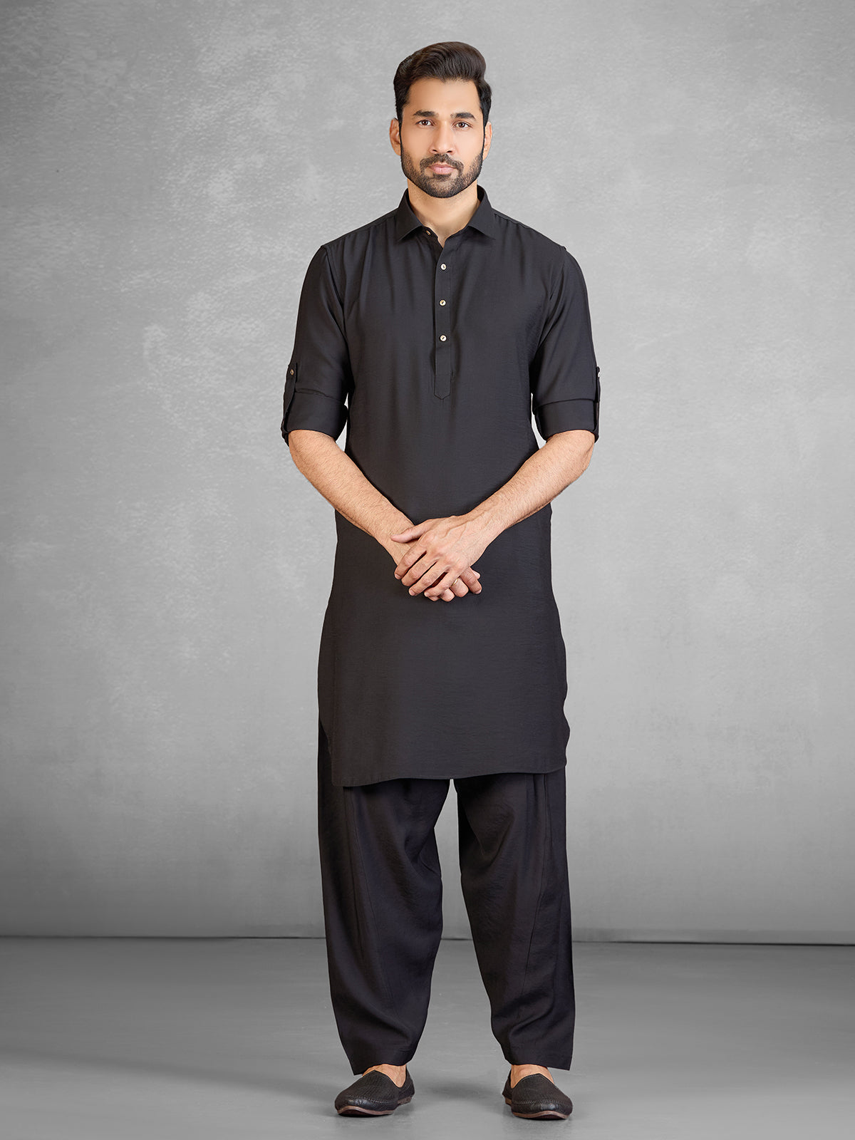 Classic black cotton blend pathani suit with pocket