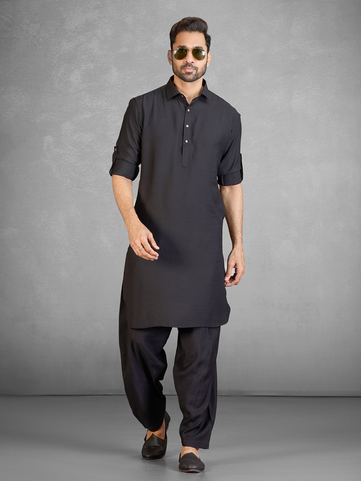 Classic black cotton blend pathani suit with pocket