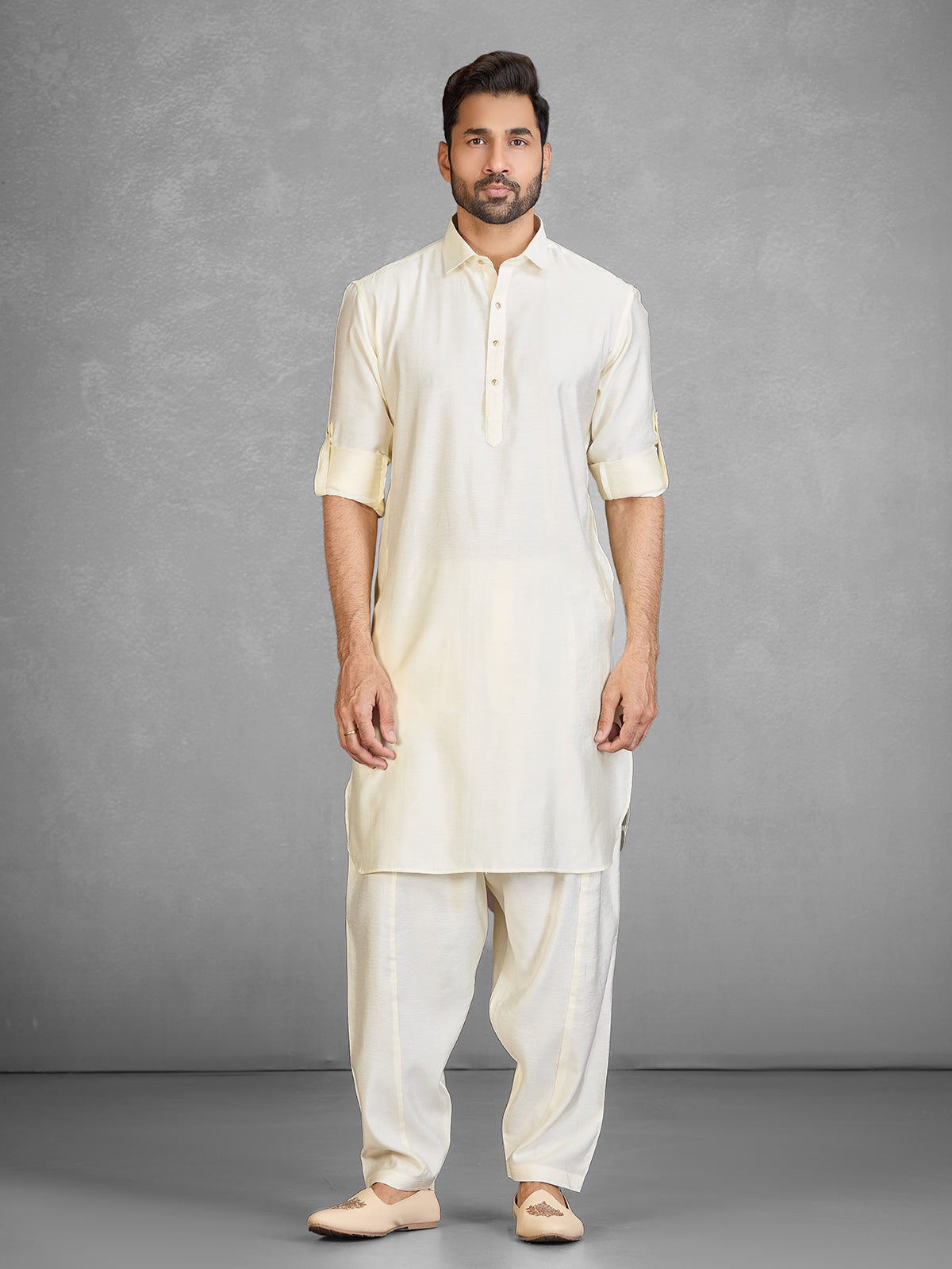 Elegant cream cotton blend pathani suit with pocket