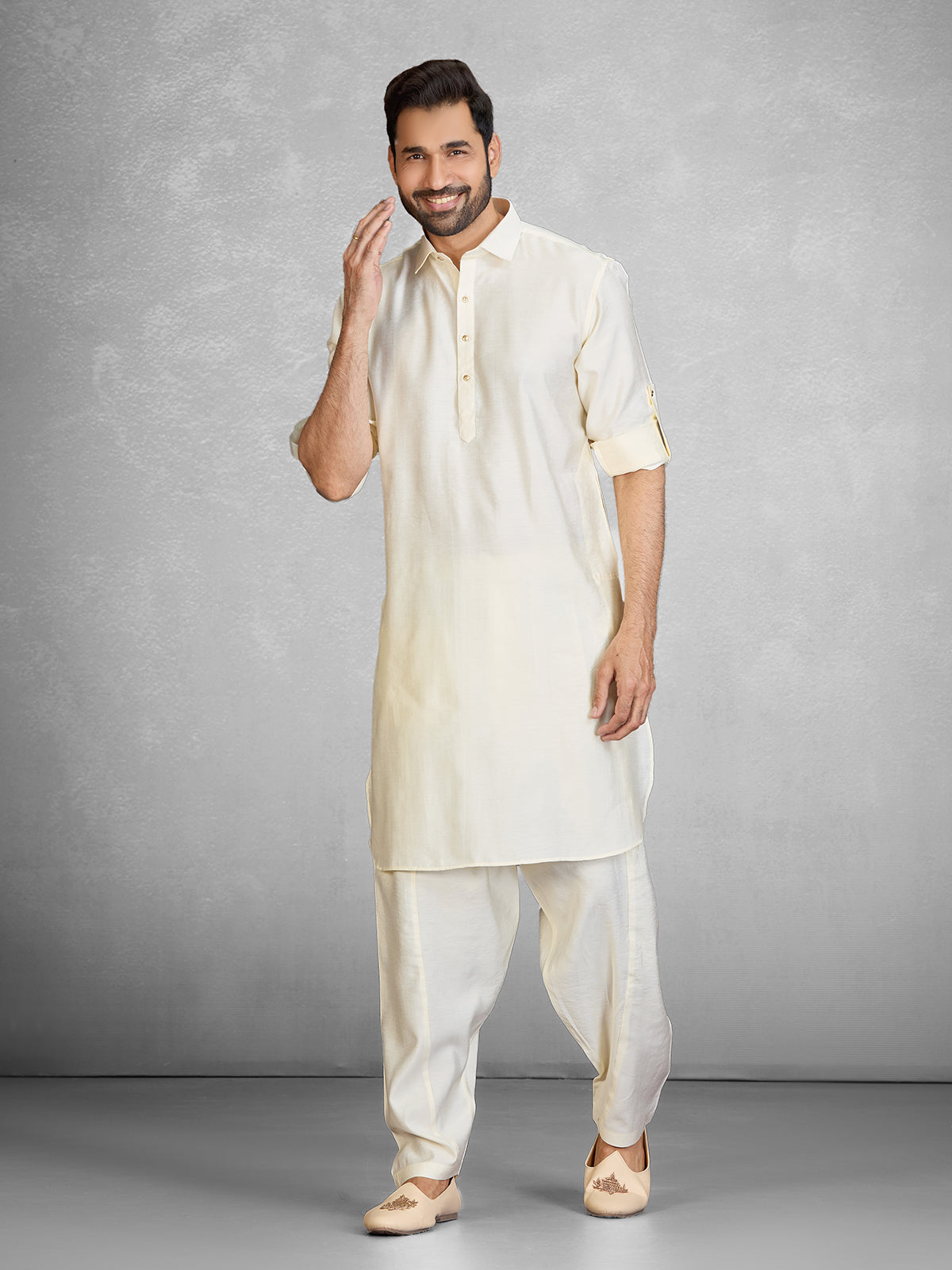 Elegant cream cotton blend pathani suit with pocket