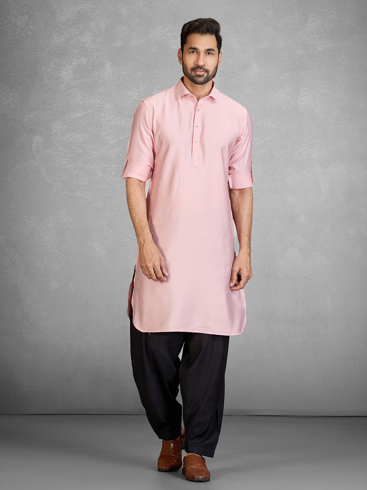 Modern pink cotton blend pathani suit with pocket