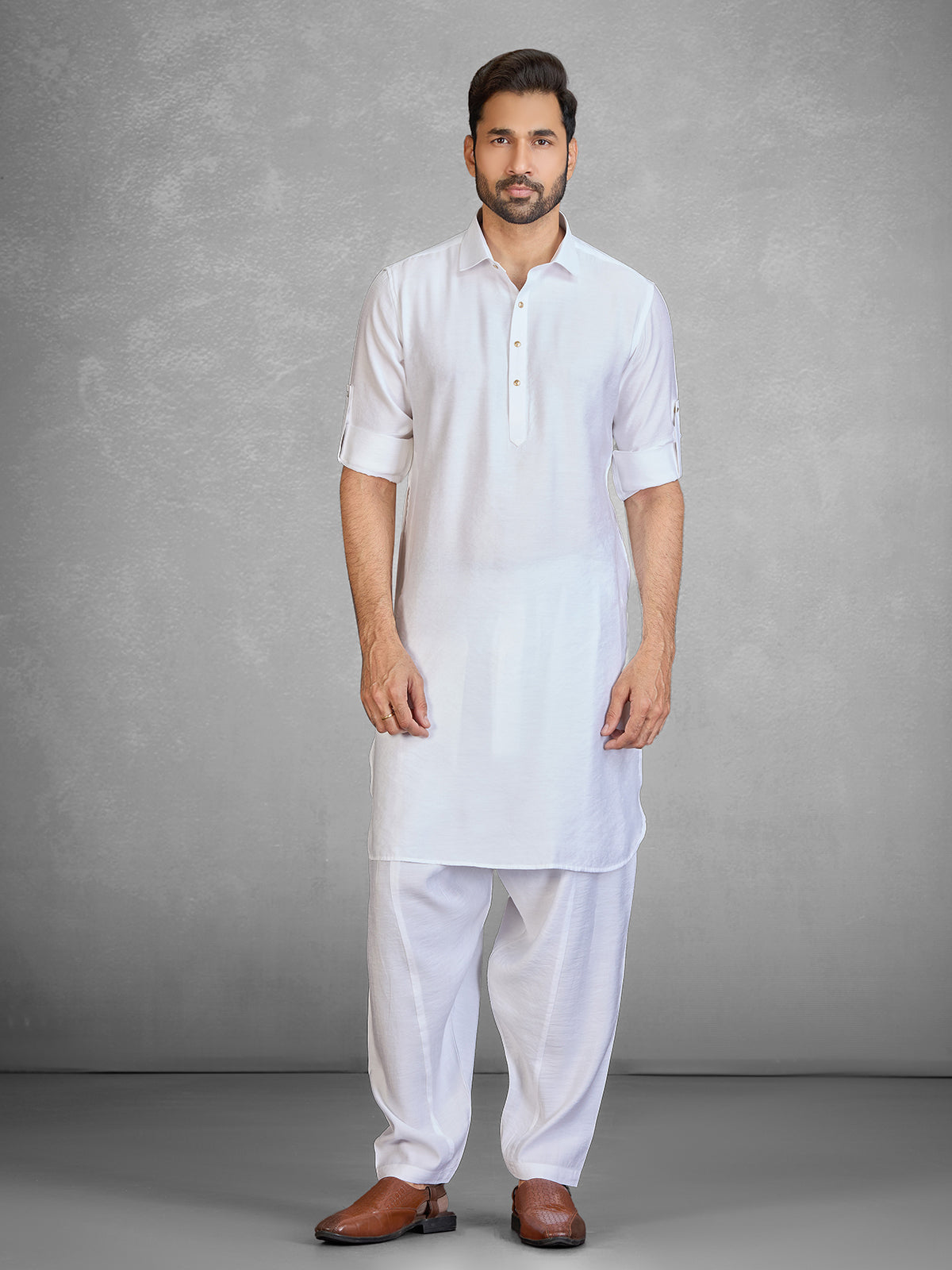 Traditional white cotton blend pathani suit