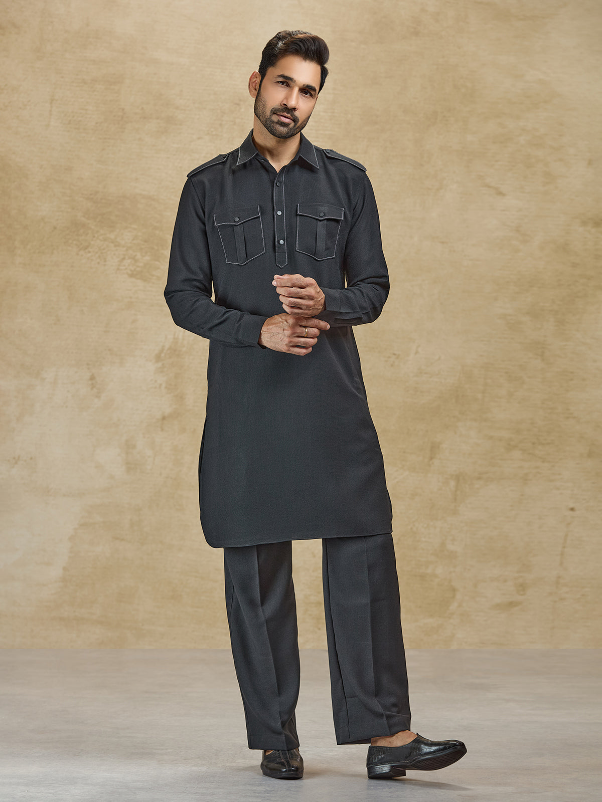 Black linen classic collar pathani suit for eid