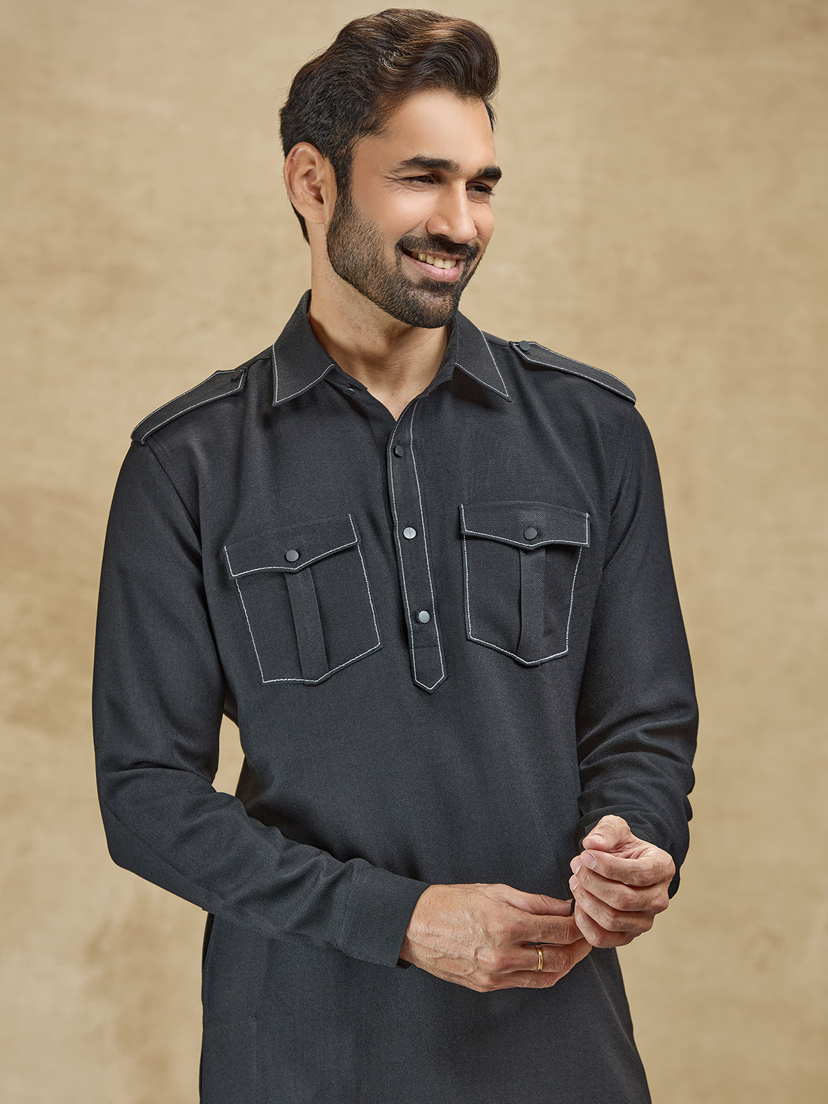 Black linen classic collar pathani suit for eid
