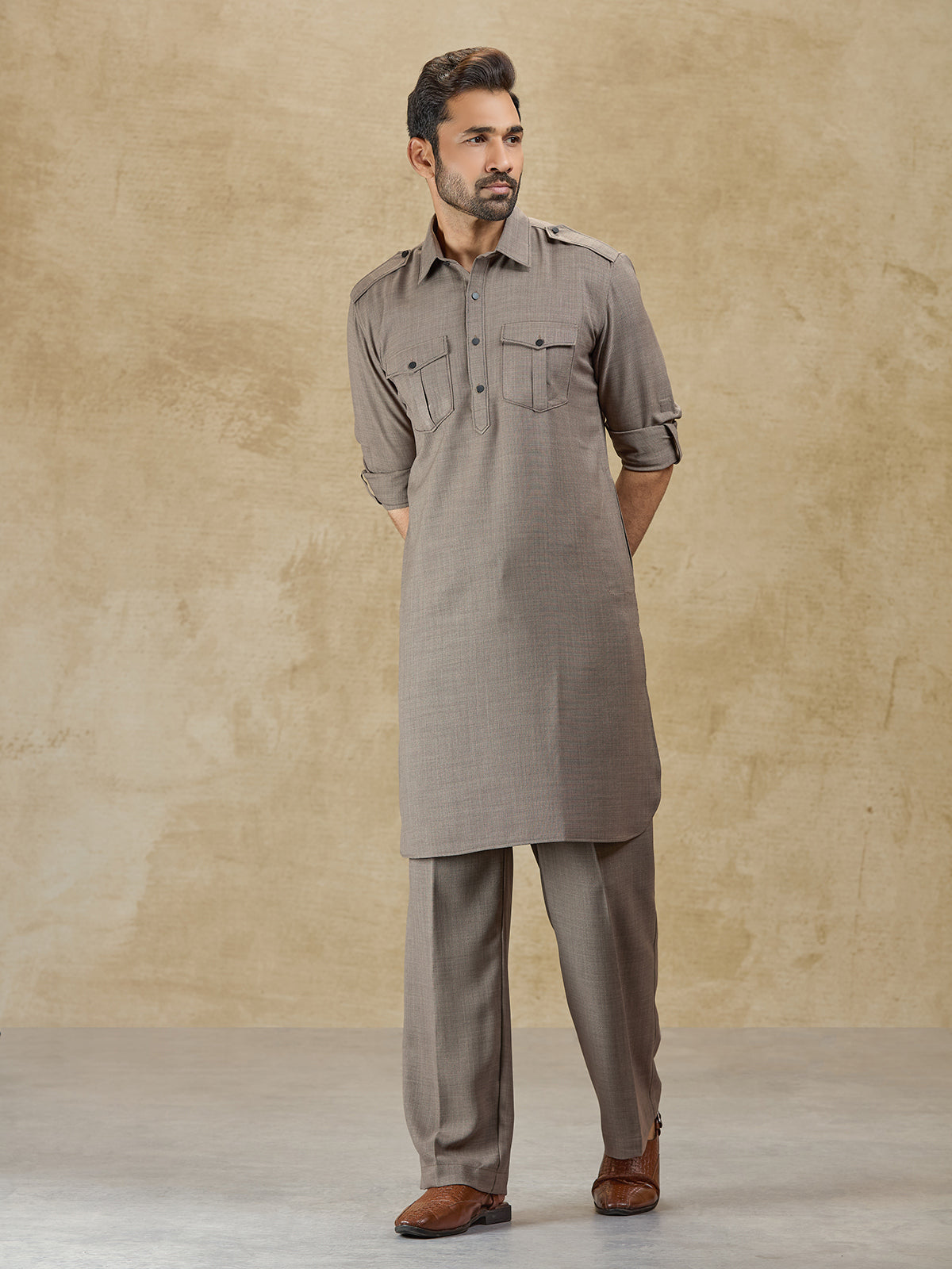 Olive linen classic collar pathani suit for festive