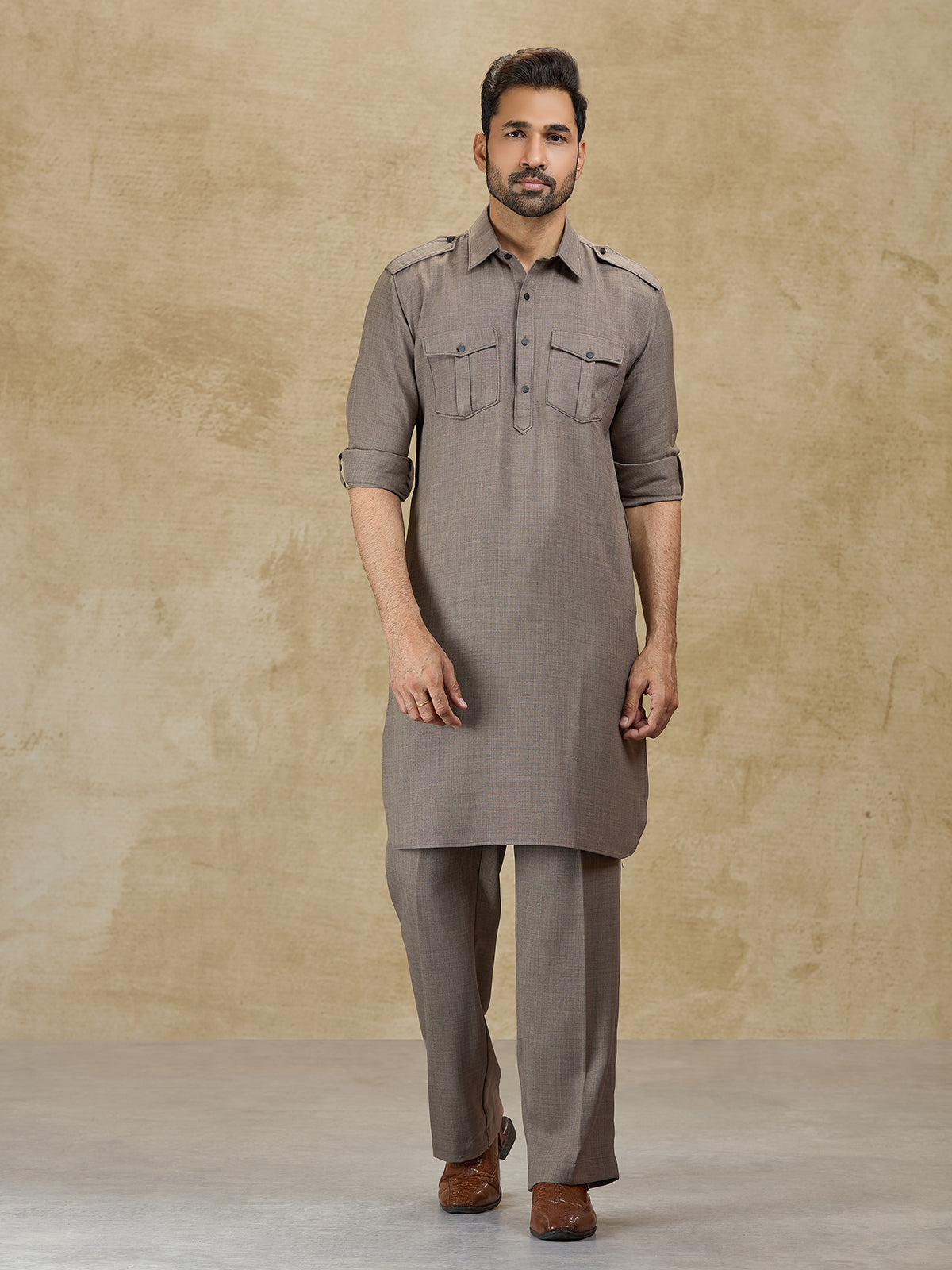Olive linen classic collar pathani suit for festive