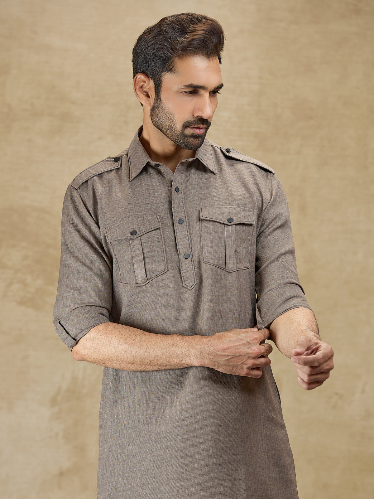 Olive linen classic collar pathani suit for festive