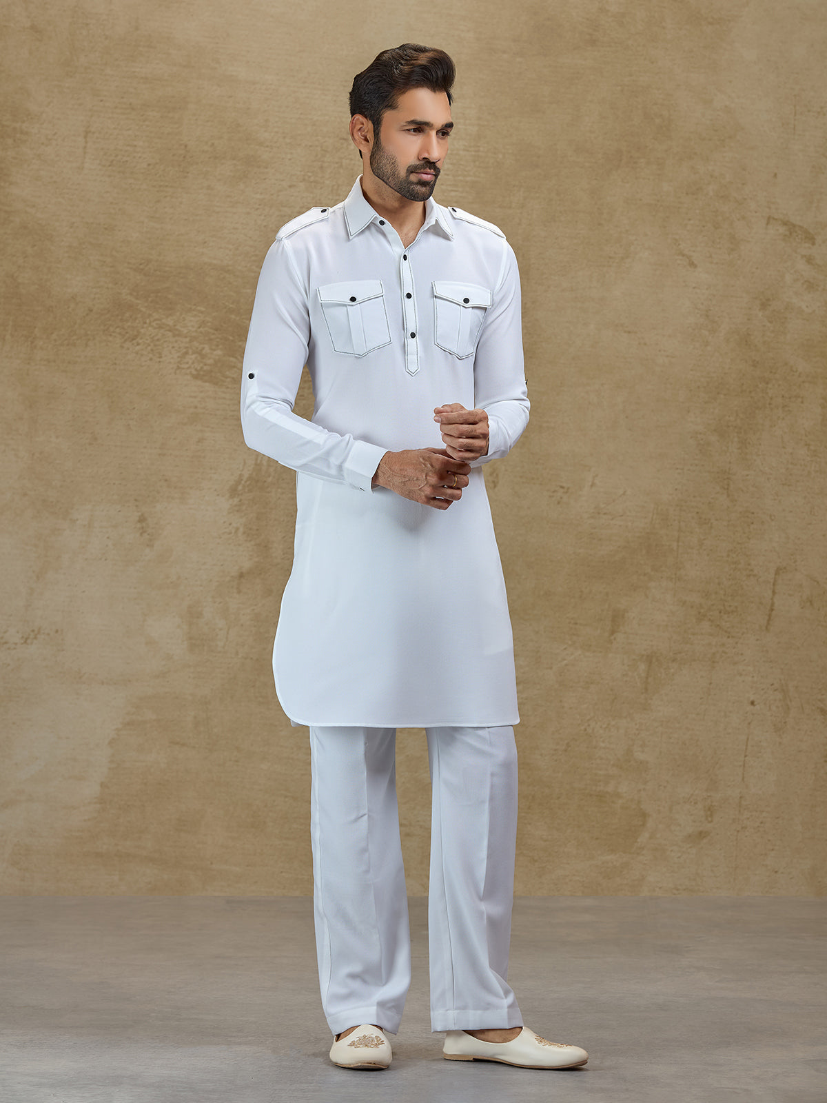 White linen classic collar pathani suit for festive