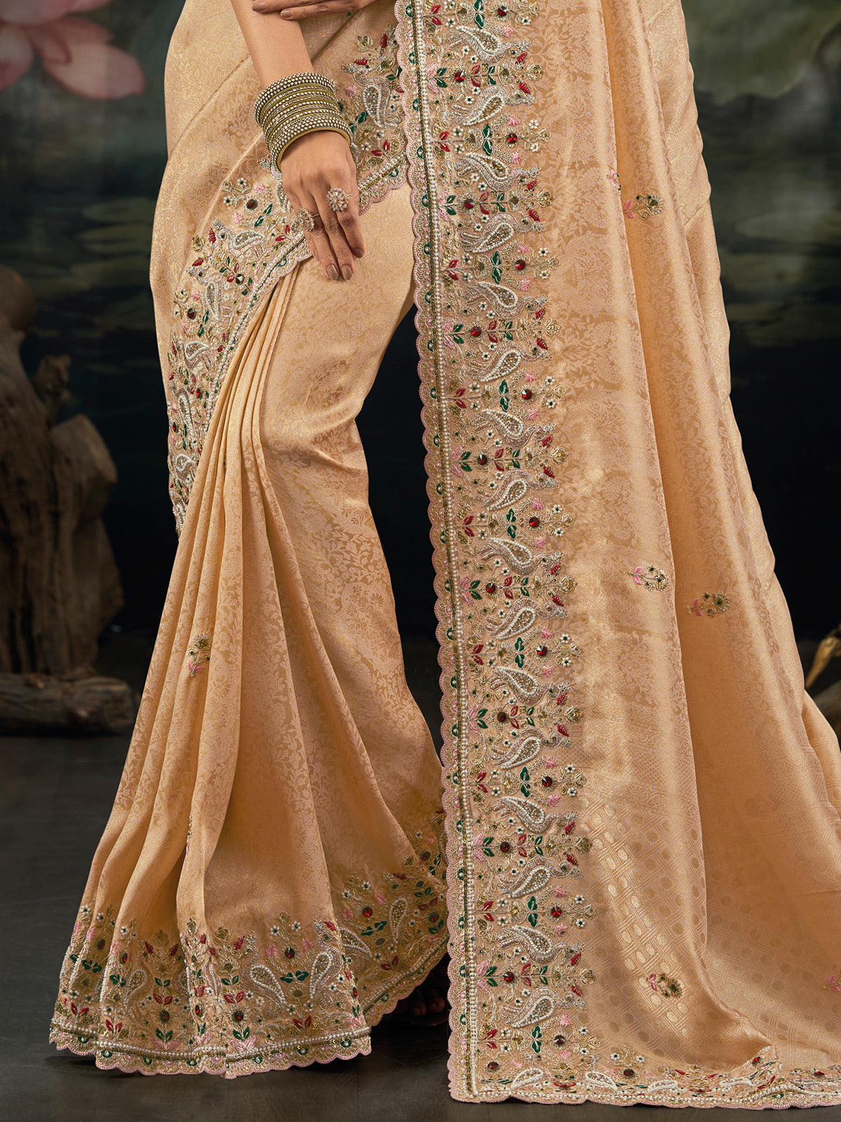 Beige reception wear pure kanjivaram saree