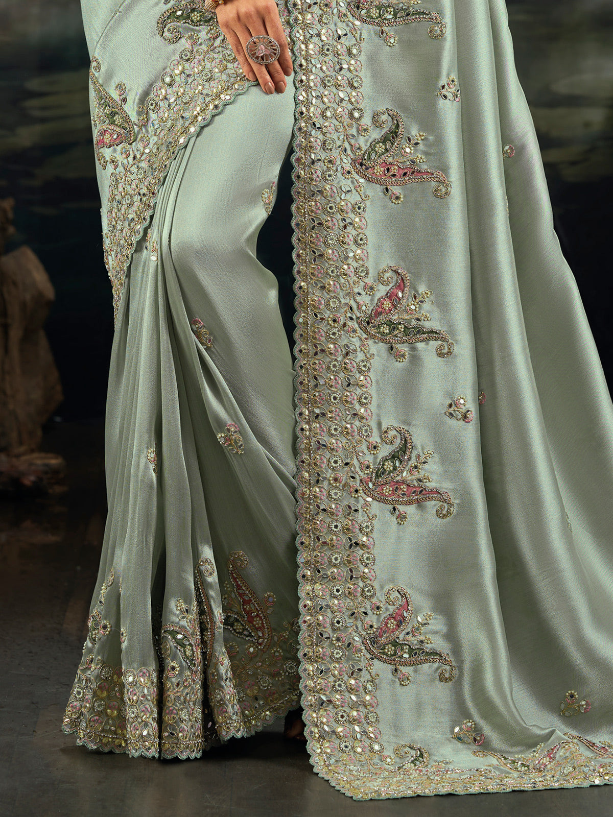 Mint green ziraf silk wedding wear saree