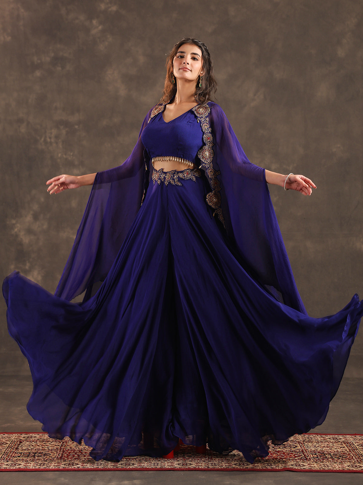 Royal blue viscose crepe designer palazzo suit with shrug