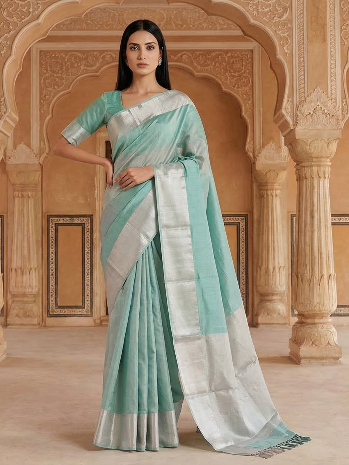 Silver and mint blue chanderi tissue silk saree