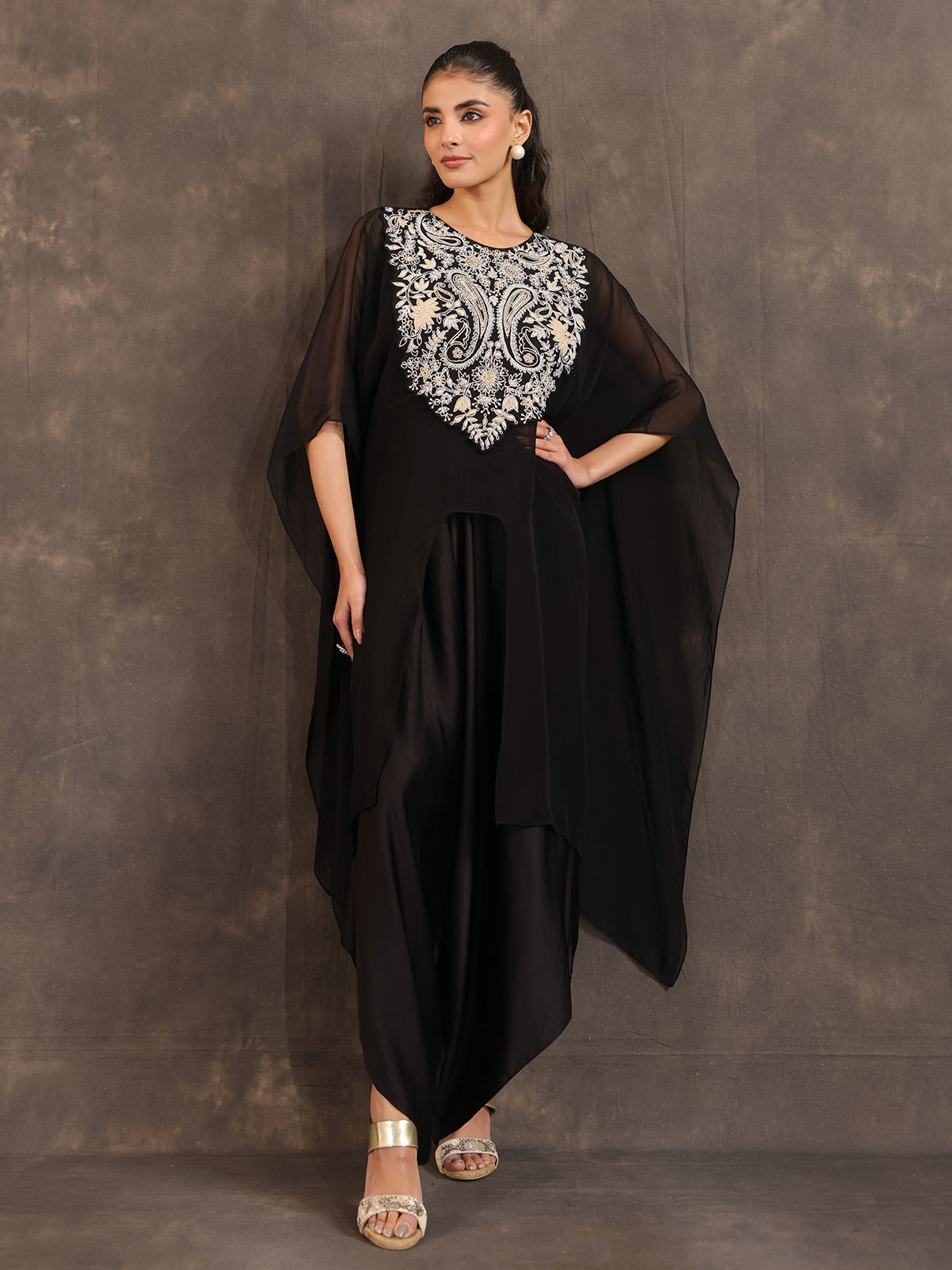Black organza kaftan style dhoti suit with elegant thread work