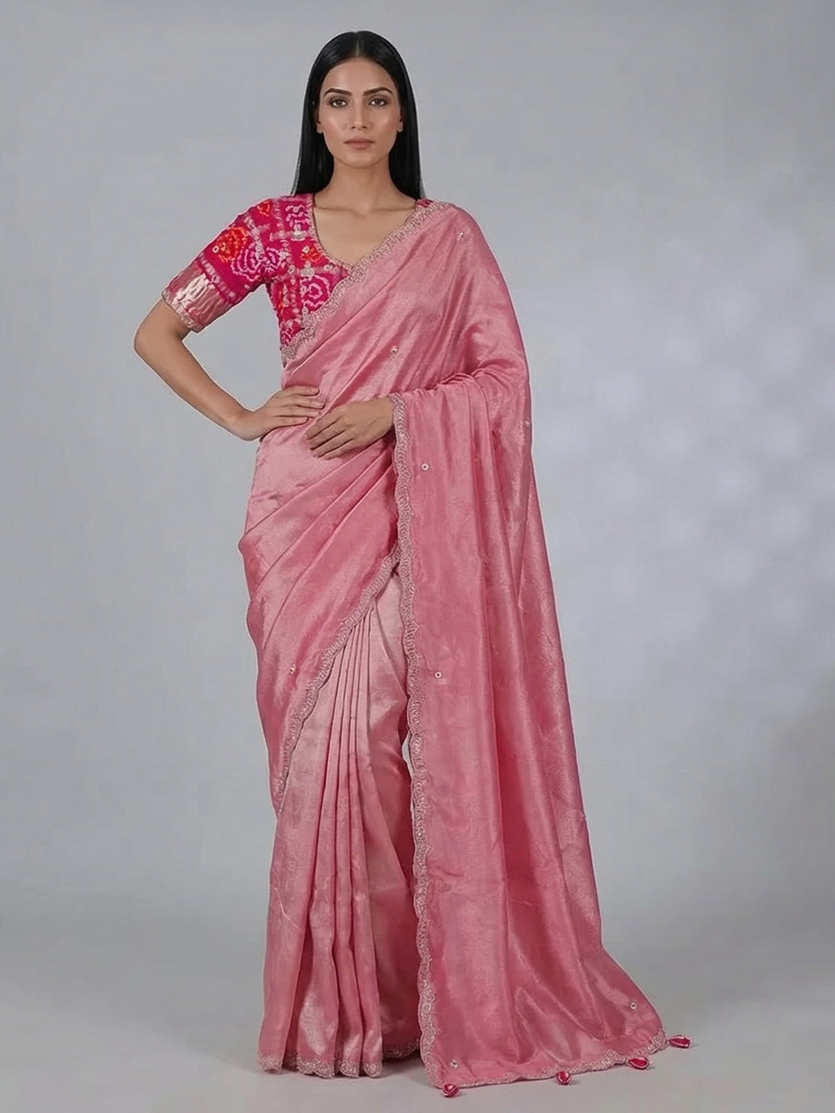 Pastel pink tissue silk designer saree