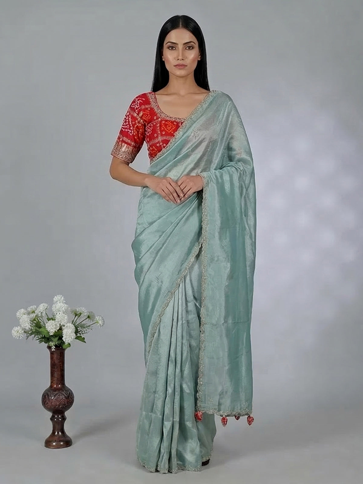 Mint blue tissue silk zardosi weaving saree