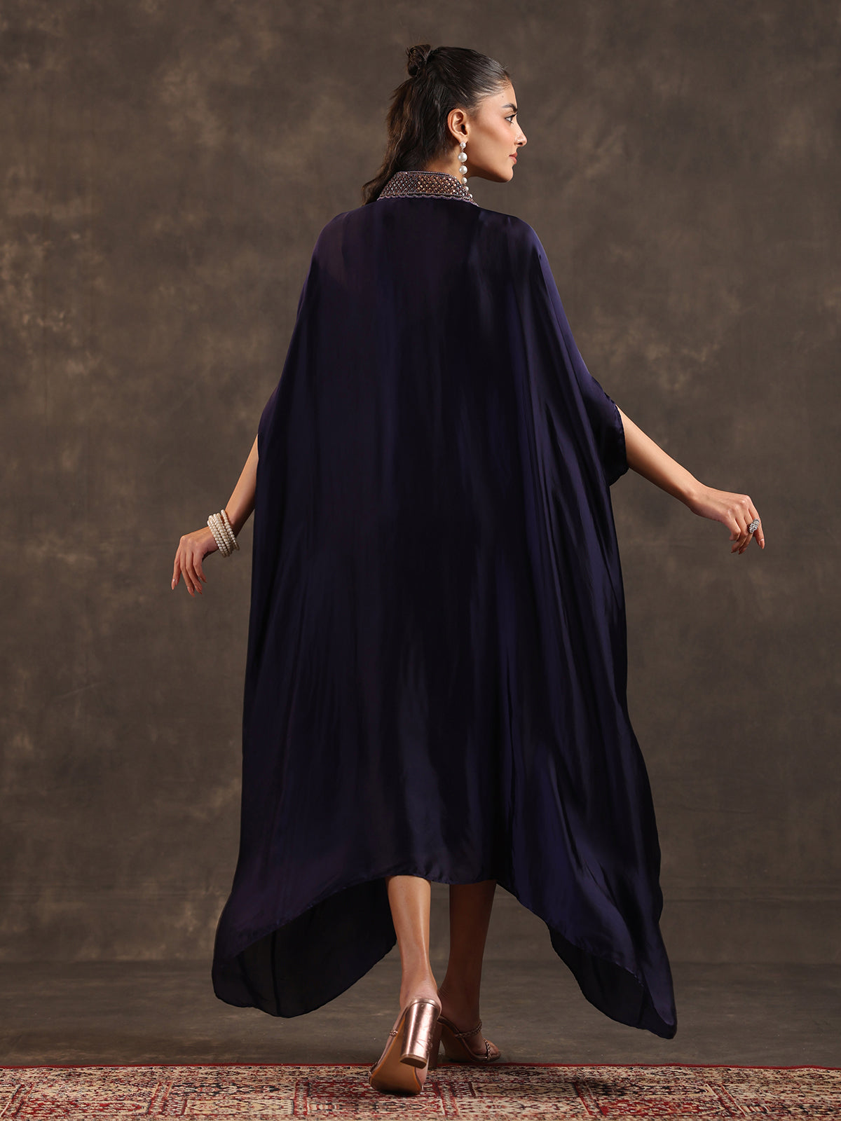 Navy blue modal satin flared kaftan suit with festive sparkle