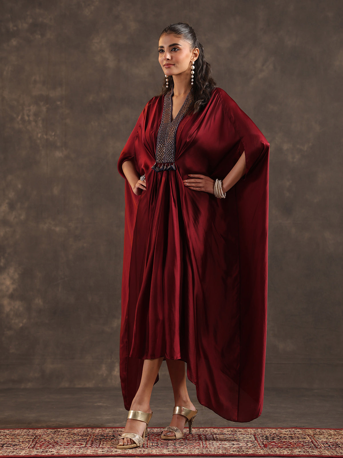 Maroon modal satin flared kaftan suit with festive embellishments