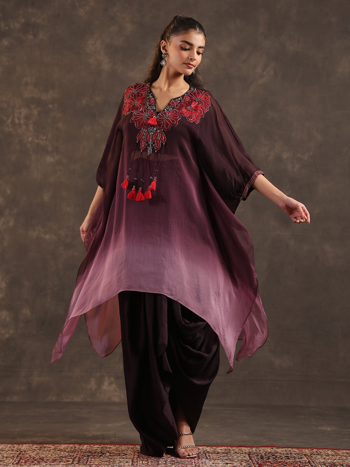 Wine ombre organza embellished kaftan suit with festive elegance