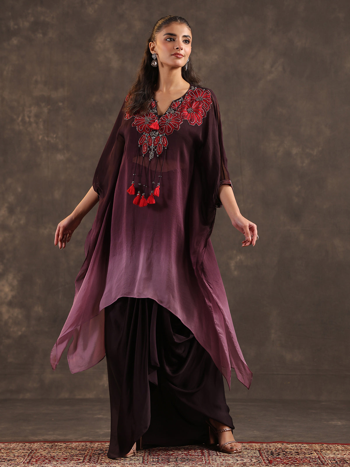 Wine ombre organza embellished kaftan suit with festive elegance
