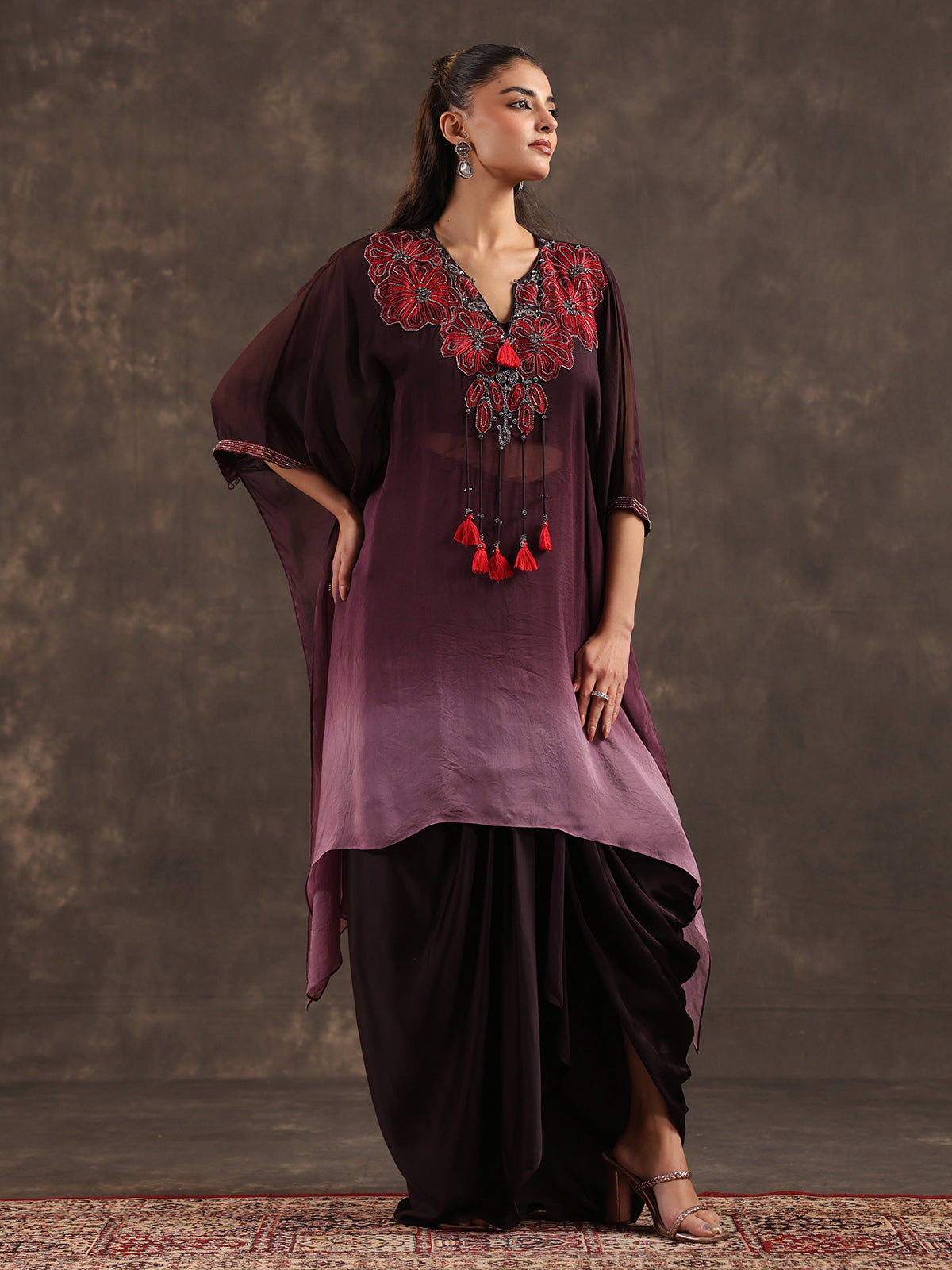 Wine ombre organza embellished kaftan suit with festive elegance