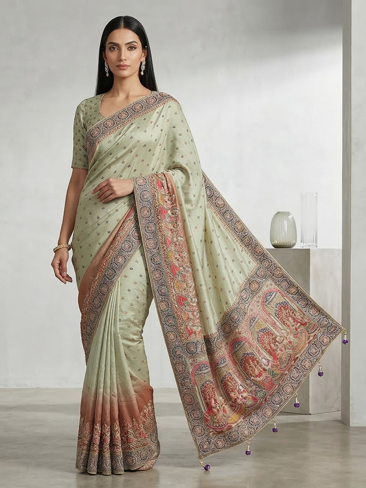 Light green dola silk shaded contrast border saree