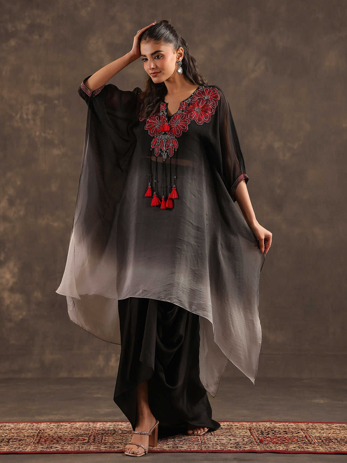 Black ombre organza kaftan suit with heavy festive embellishments