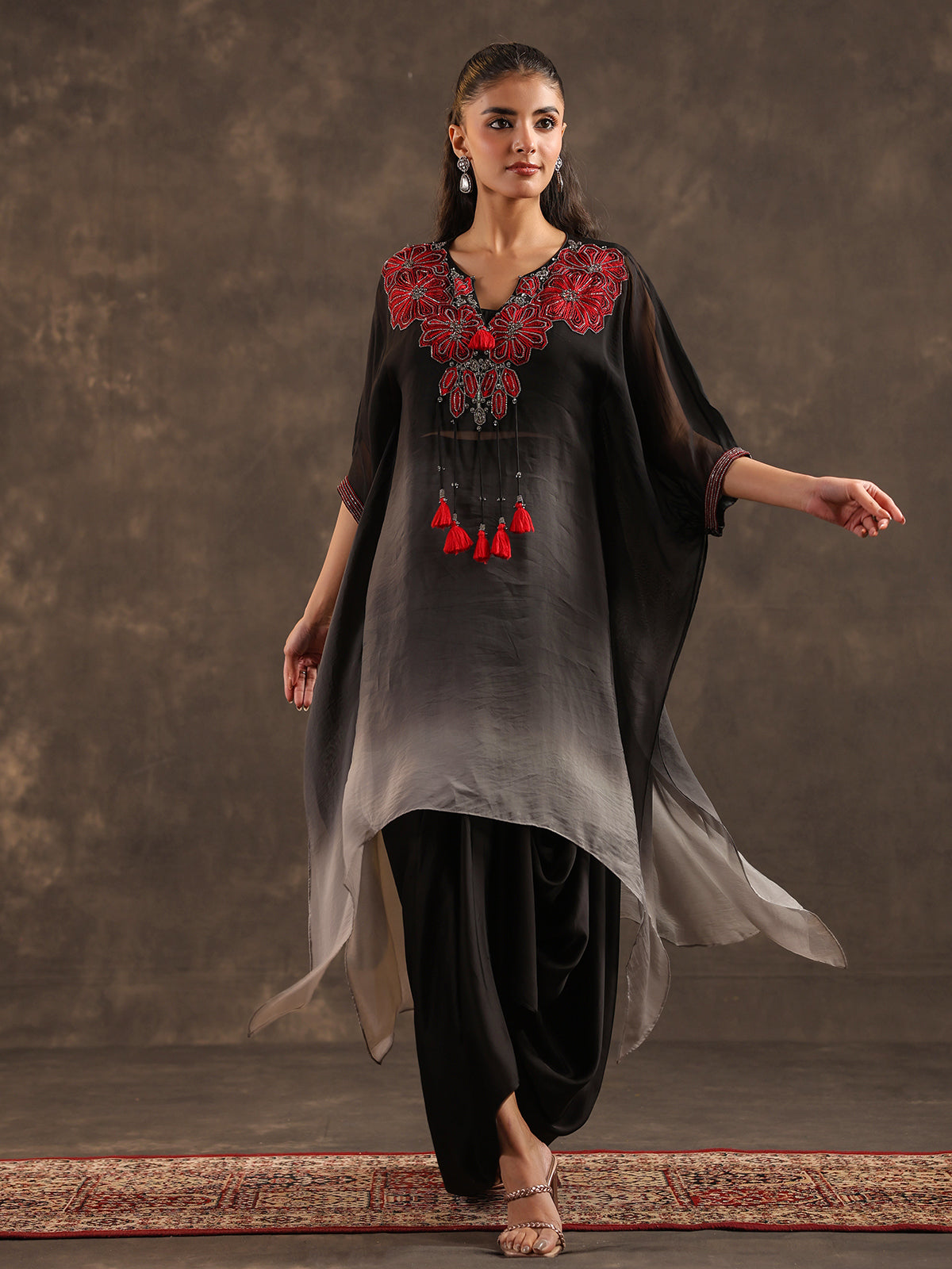 Black ombre organza kaftan suit with heavy festive embellishments